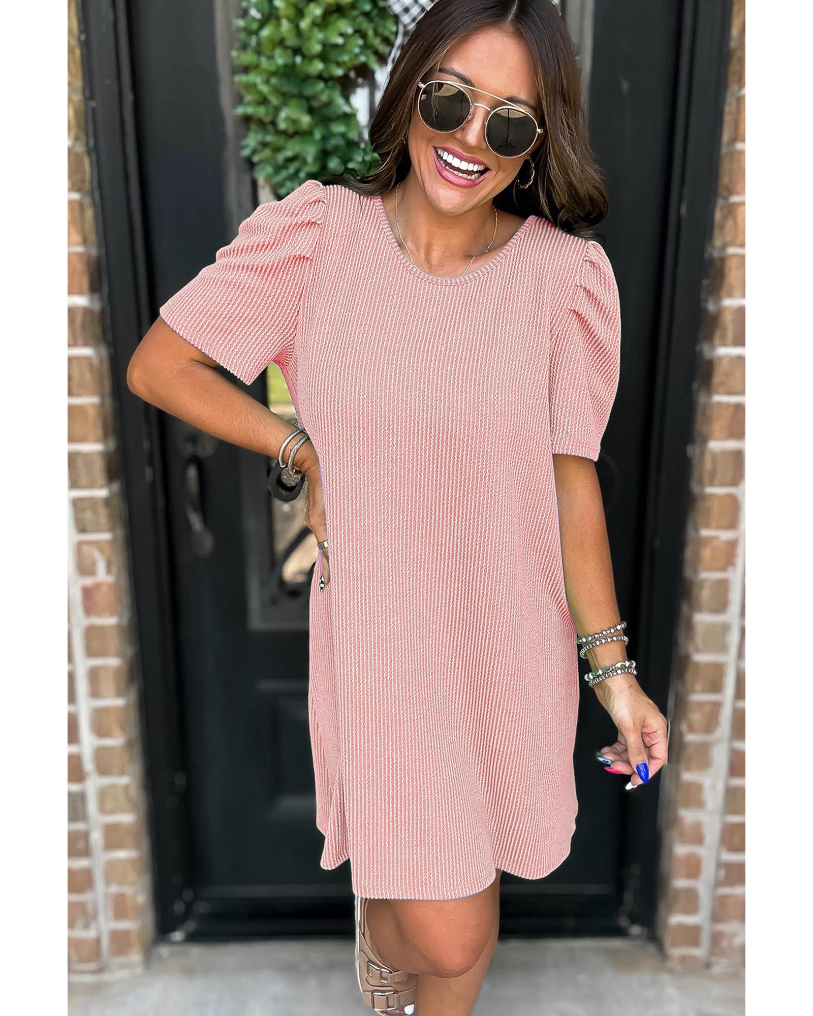 Blossom Corded Knit Crew Neck Puff Sleeve Shift Mini Dress - M