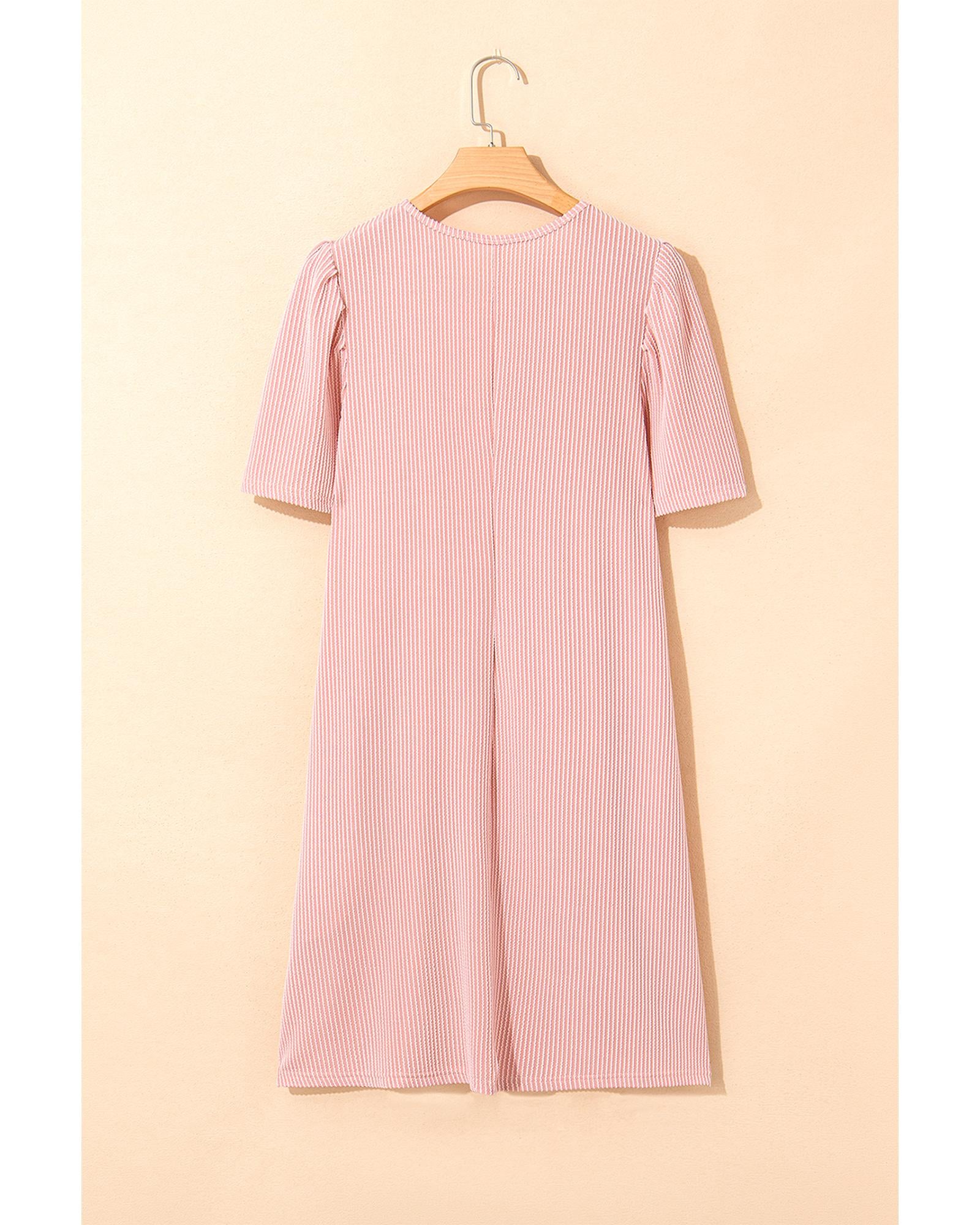 Blossom Corded Knit Crew Neck Puff Sleeve Shift Mini Dress - S