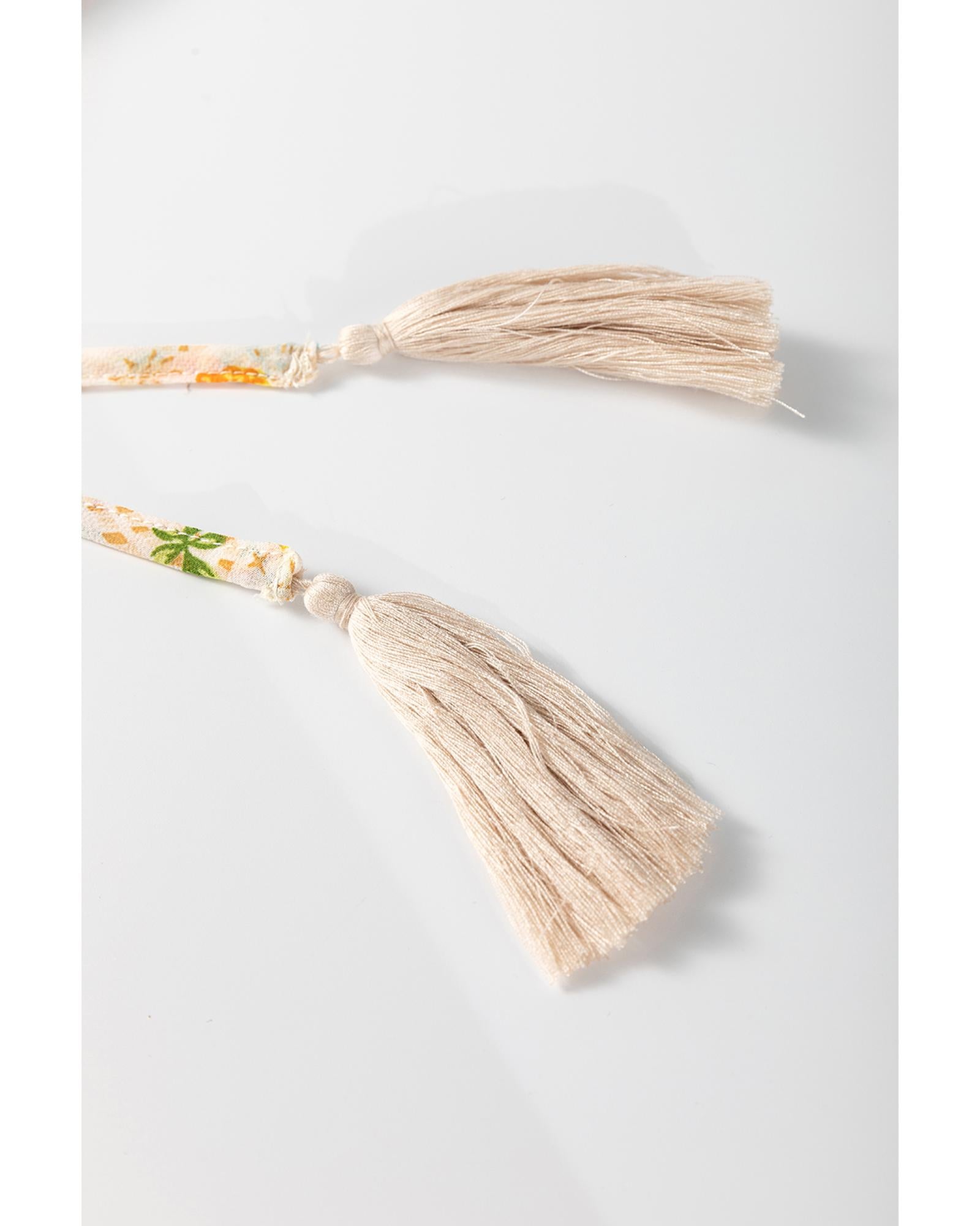 Apricot Boho Floral Tassel Tie V Neck Ruffle Wide Sleeve Mini Dress - M