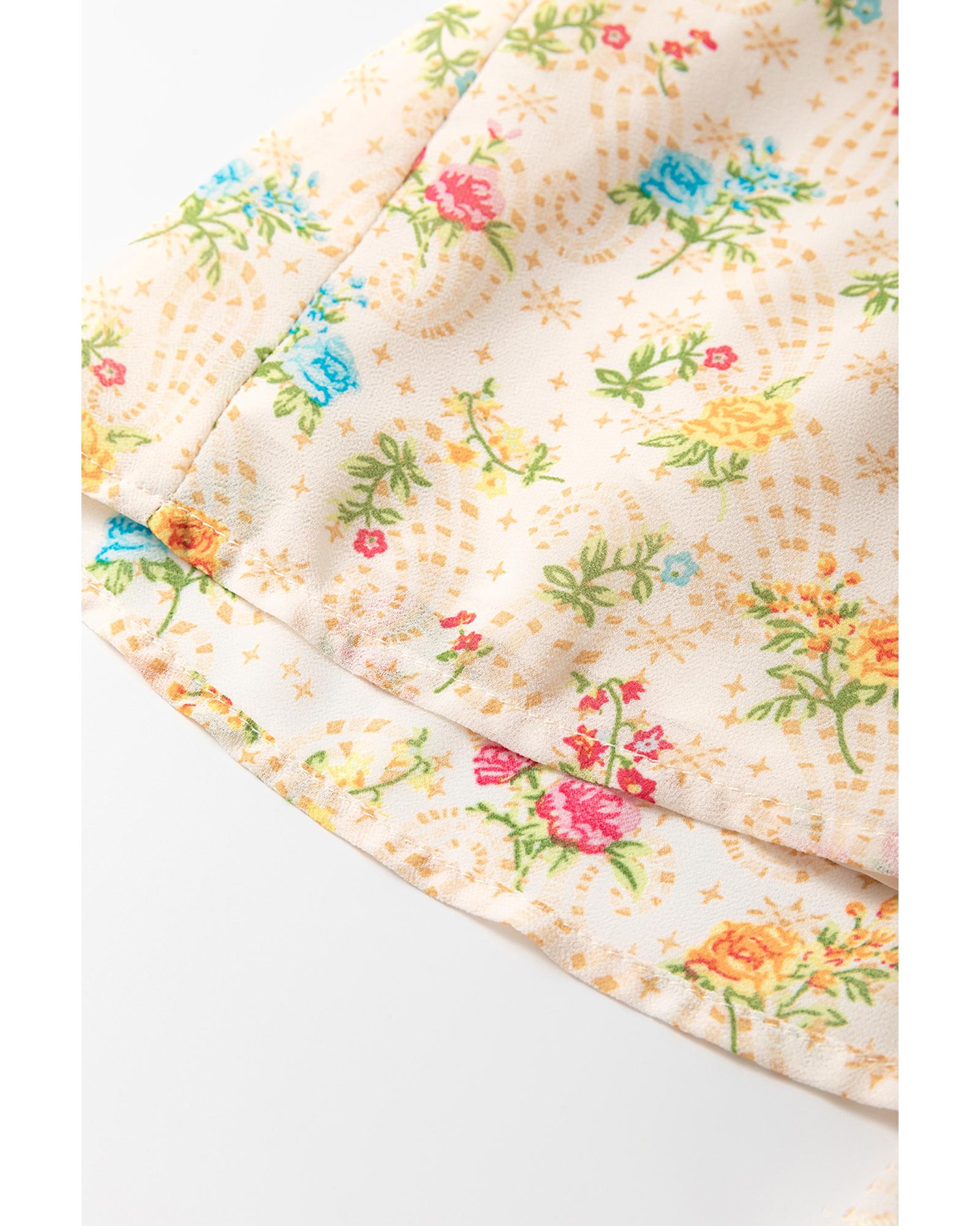 Apricot Boho Floral Tassel Tie V Neck Ruffle Wide Sleeve Mini Dress - M