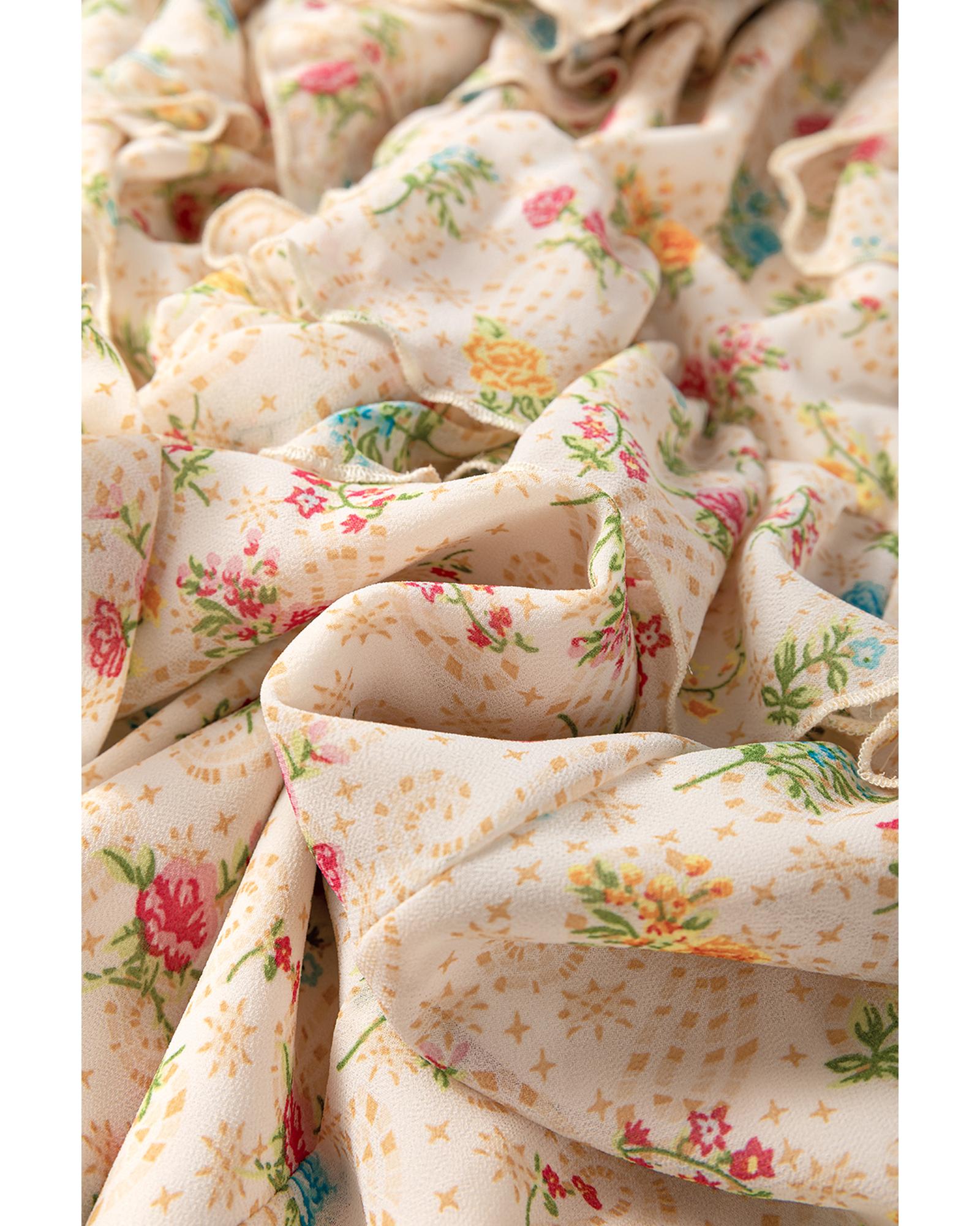 Apricot Boho Floral Tassel Tie V Neck Ruffle Wide Sleeve Mini Dress - M