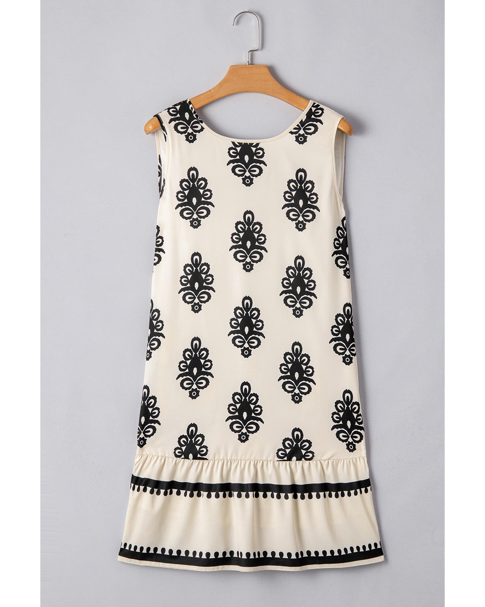 Beige Geometric Printed Sleeveless Hollowed Bowknot Back Mini Dress - L