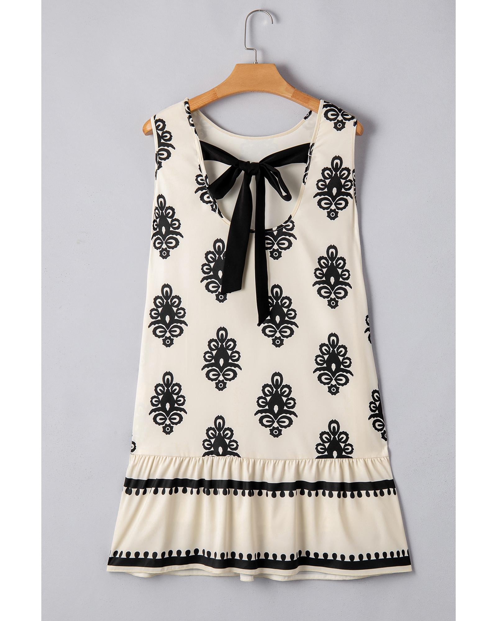 Beige Geometric Printed Sleeveless Hollowed Bowknot Back Mini Dress - M