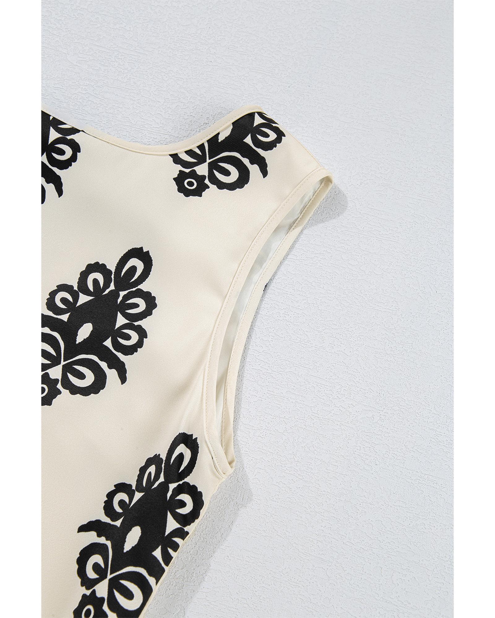 Beige Geometric Printed Sleeveless Hollowed Bowknot Back Mini Dress - XL