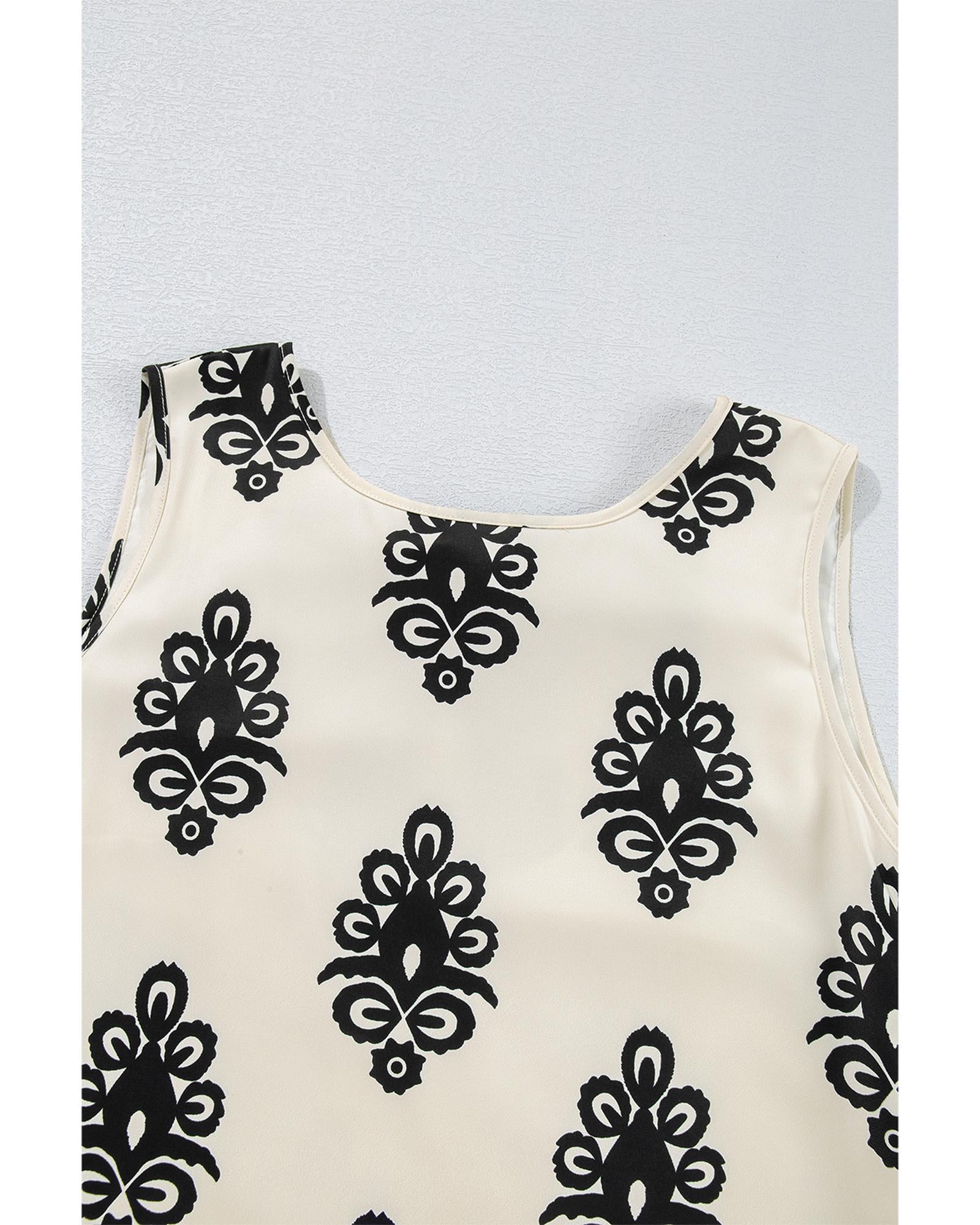 Beige Geometric Printed Sleeveless Hollowed Bowknot Back Mini Dress - XL