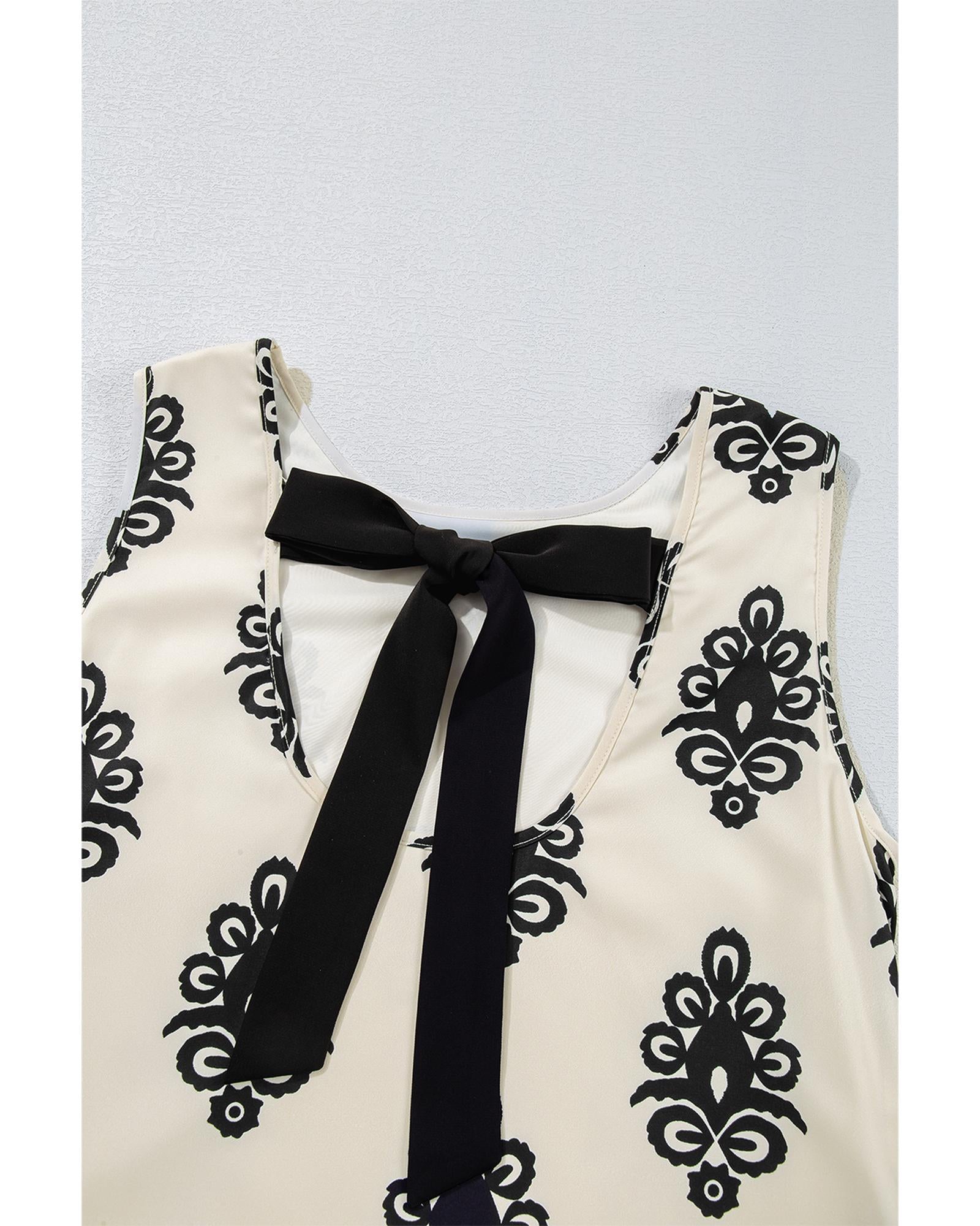 Beige Geometric Printed Sleeveless Hollowed Bowknot Back Mini Dress - XL