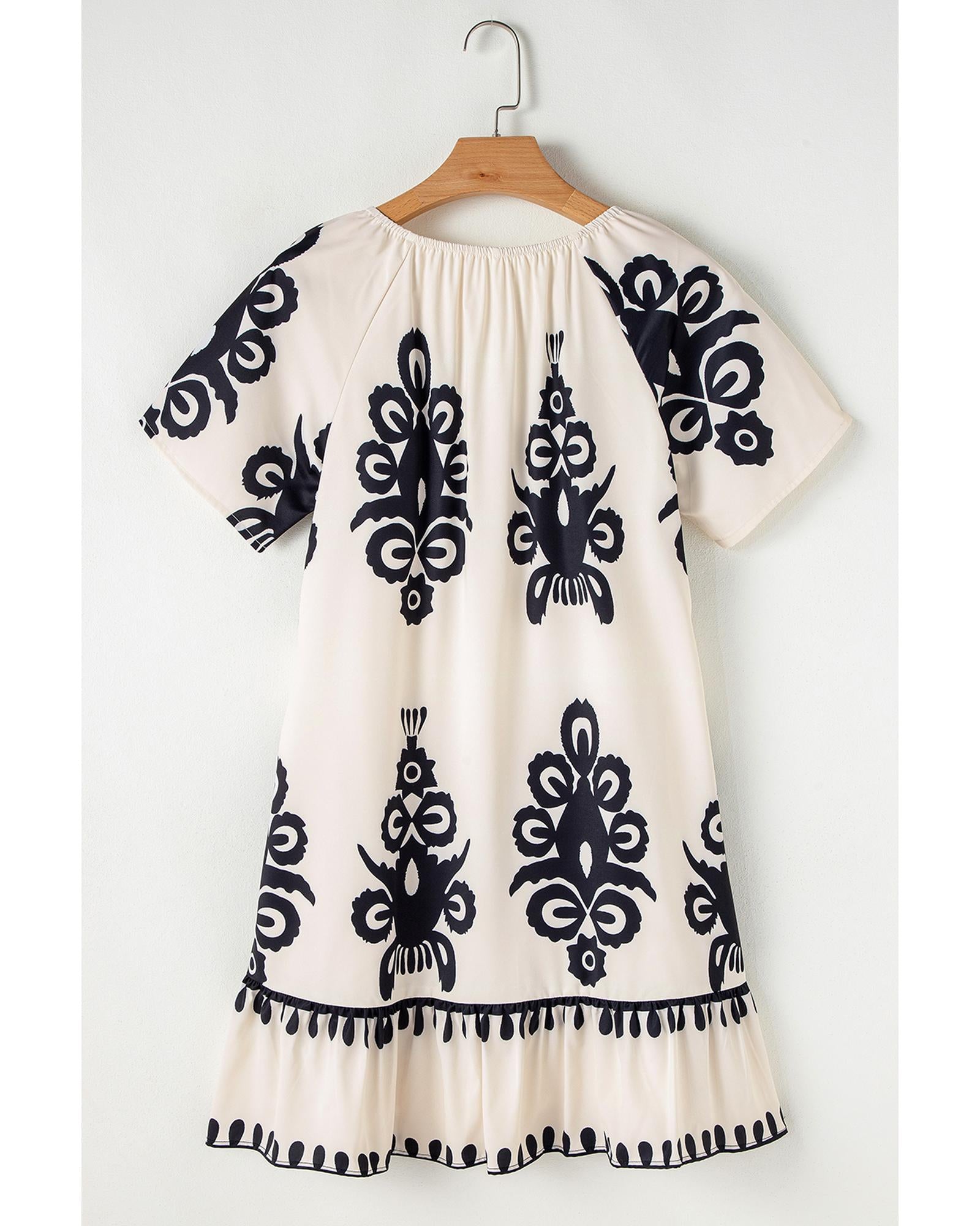 Apricot Western Print Ruffled Short Sleeve Loose Dress - L