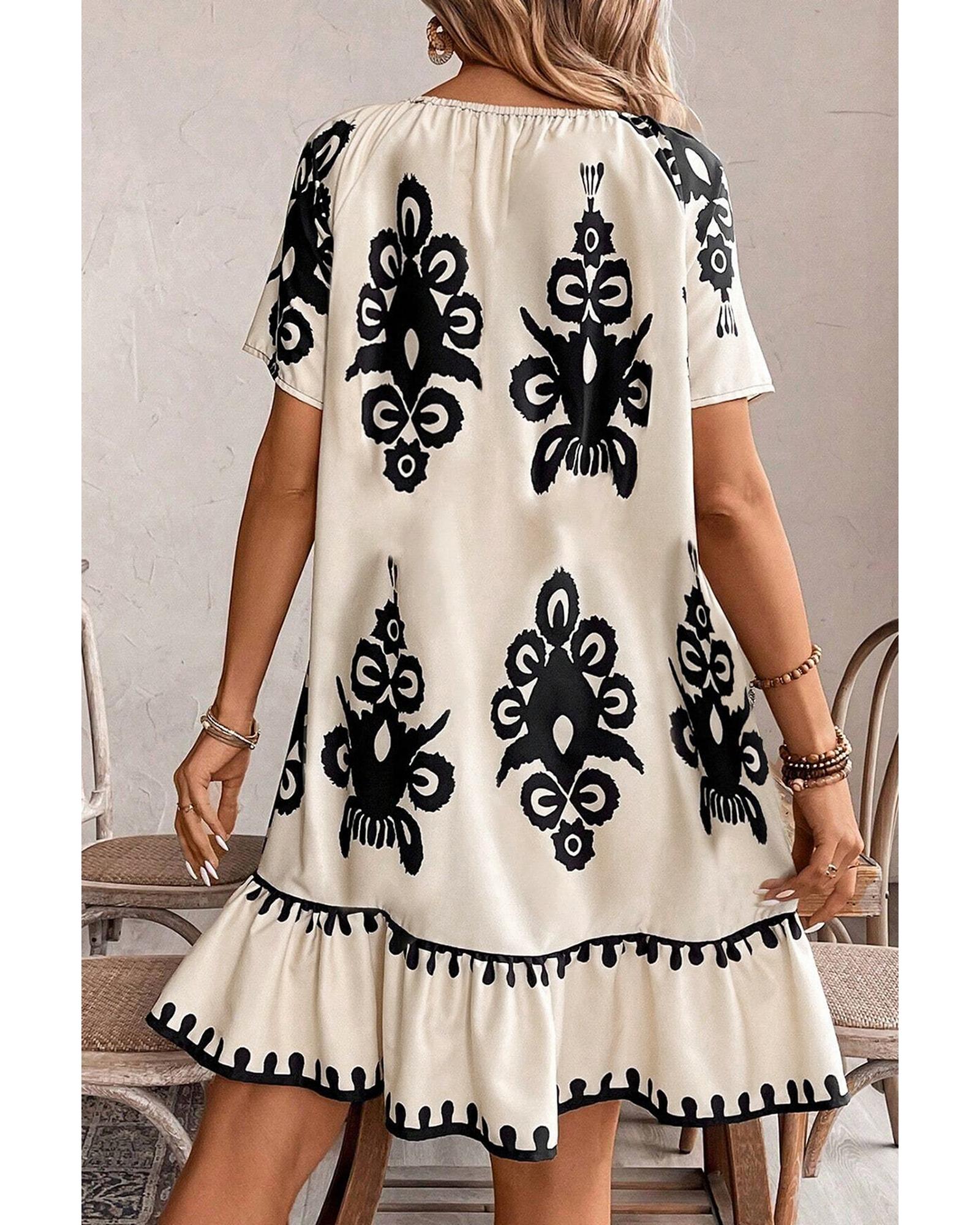 Apricot Western Print Ruffled Short Sleeve Loose Dress - L