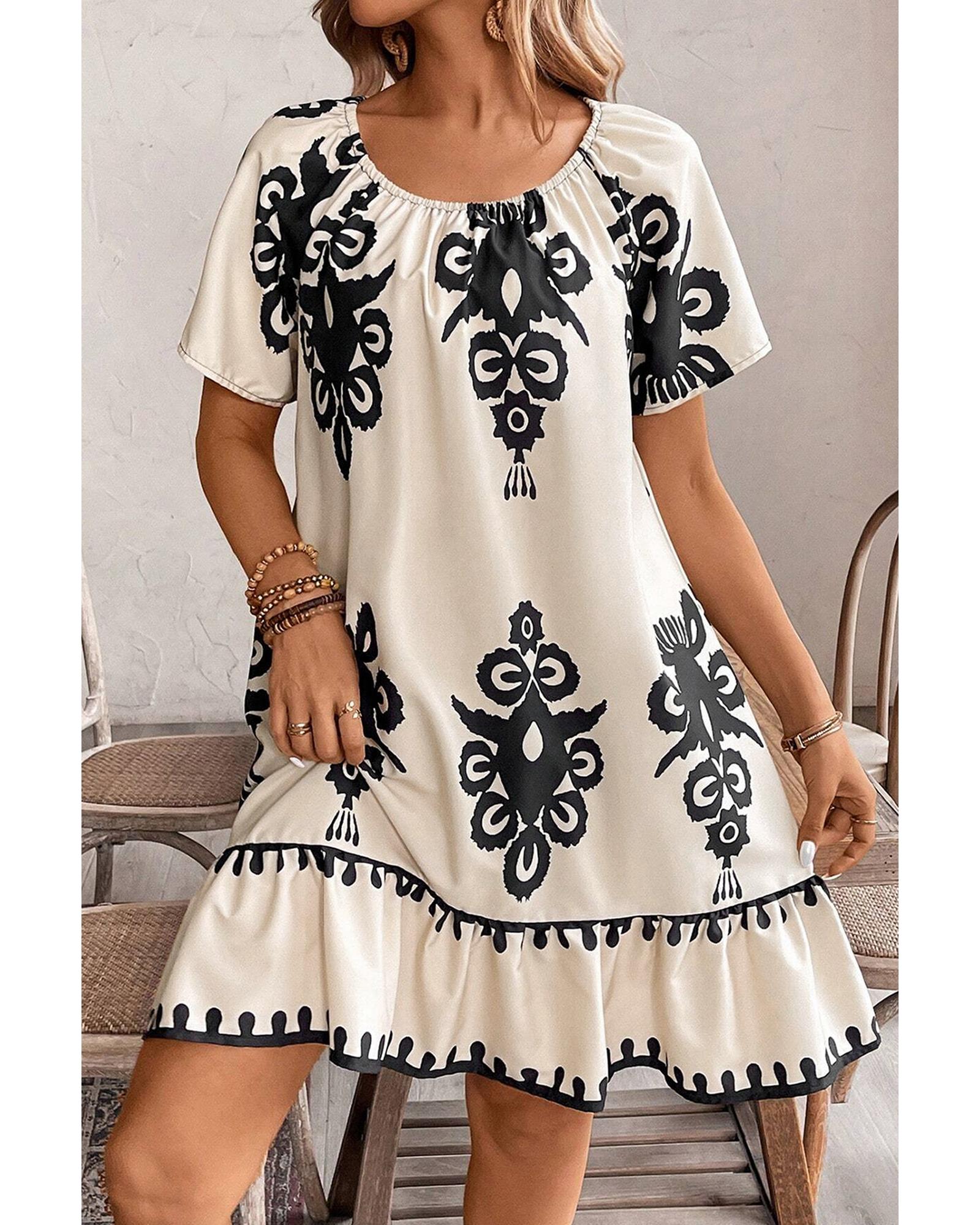 Apricot Western Print Ruffled Short Sleeve Loose Dress - L