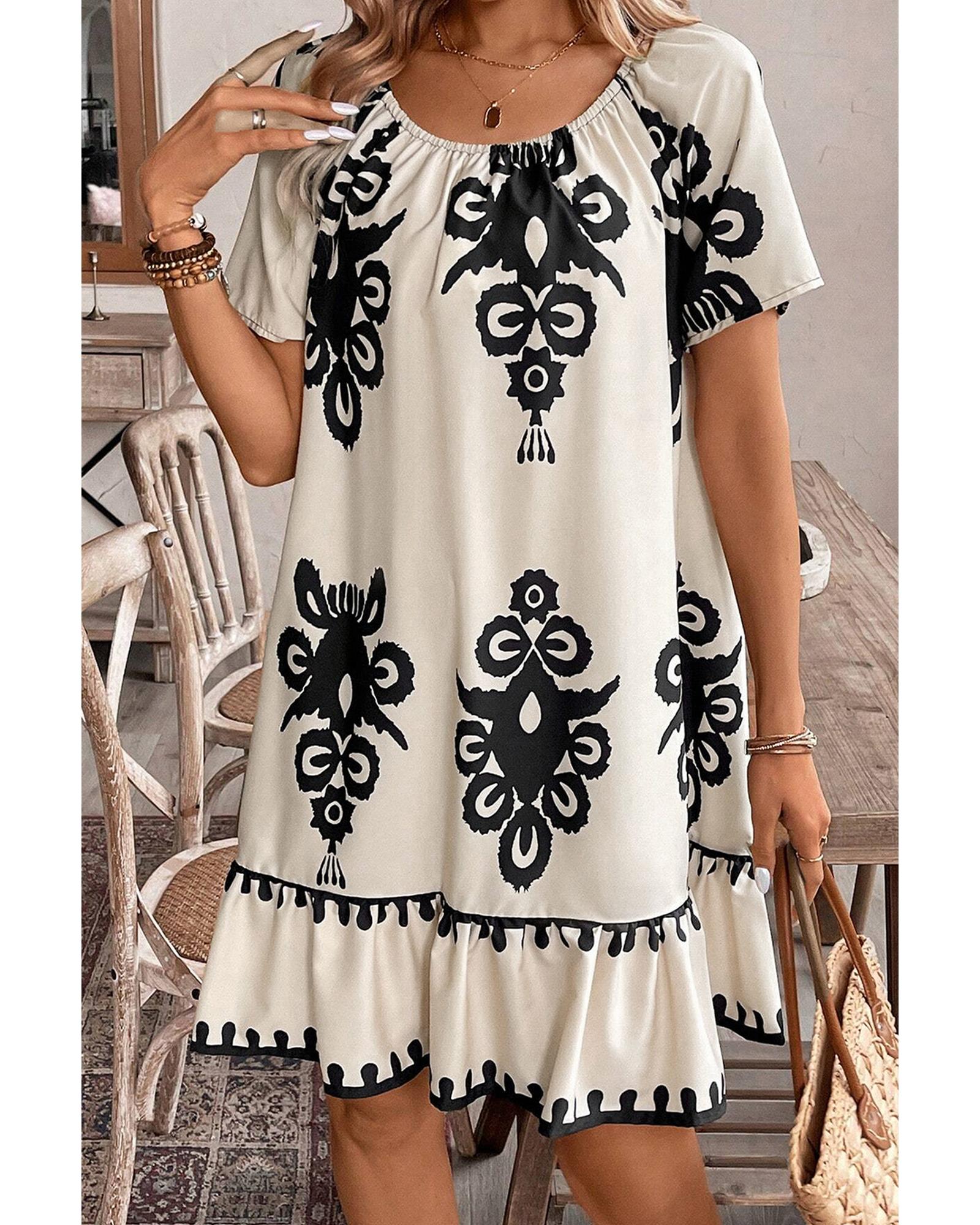 Apricot Western Print Ruffled Short Sleeve Loose Dress - L