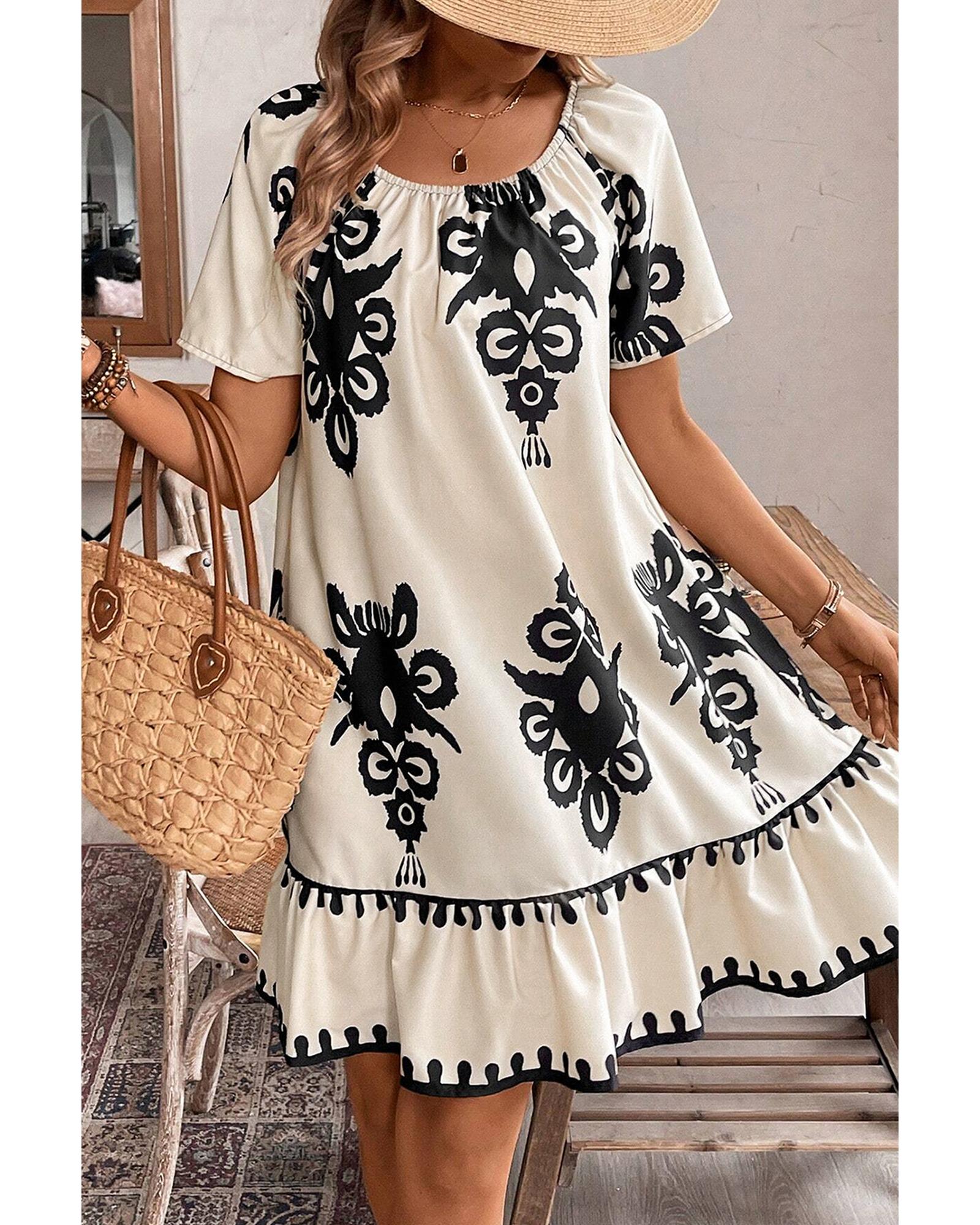 Apricot Western Print Ruffled Short Sleeve Loose Dress - L