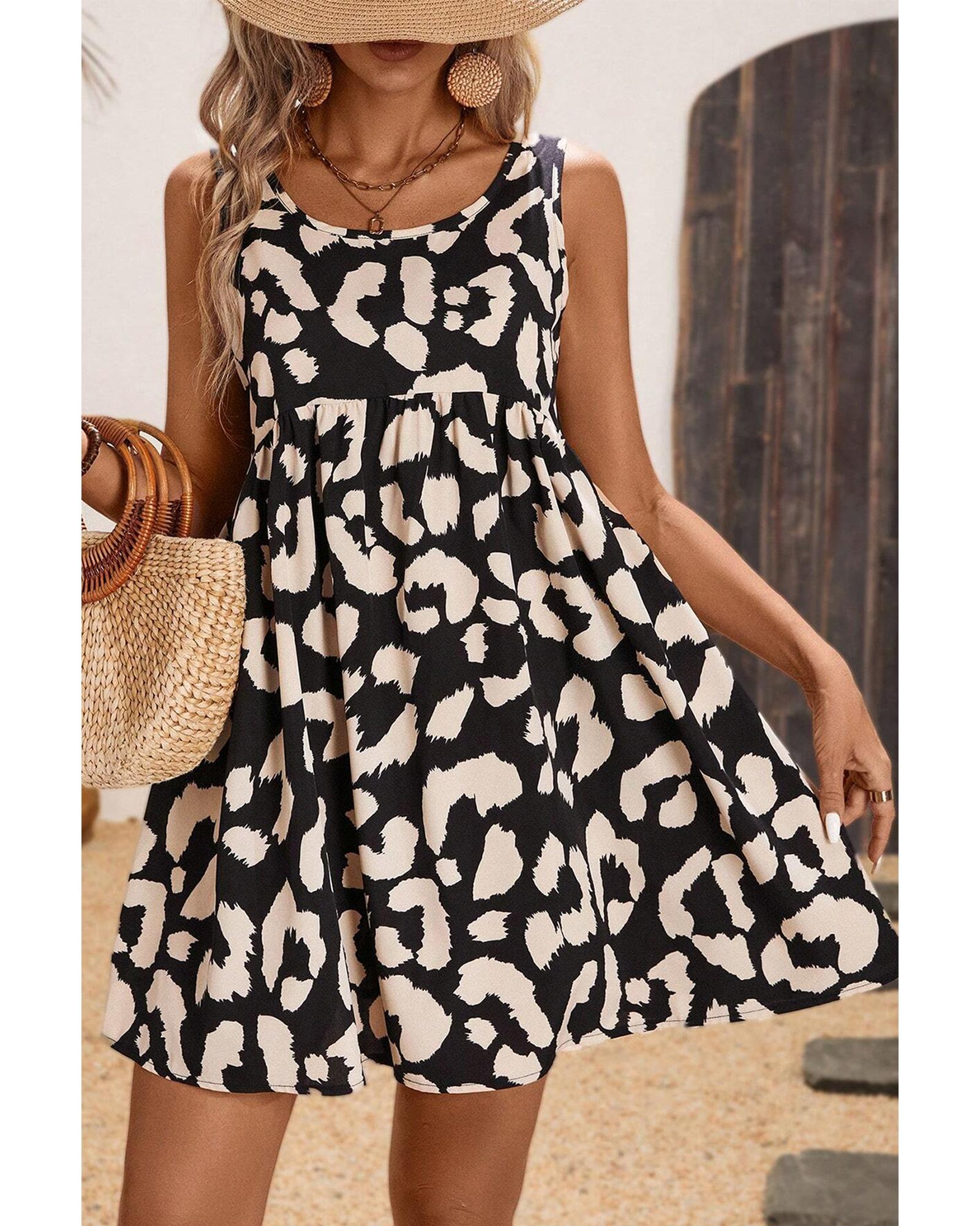 Black Leopard Print U Neck Sleeveless High Waist Dress - XL