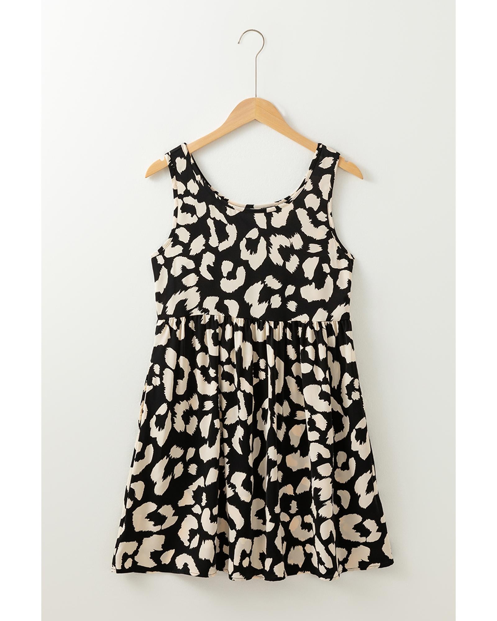 Black Leopard Print U Neck Sleeveless High Waist Dress - XL
