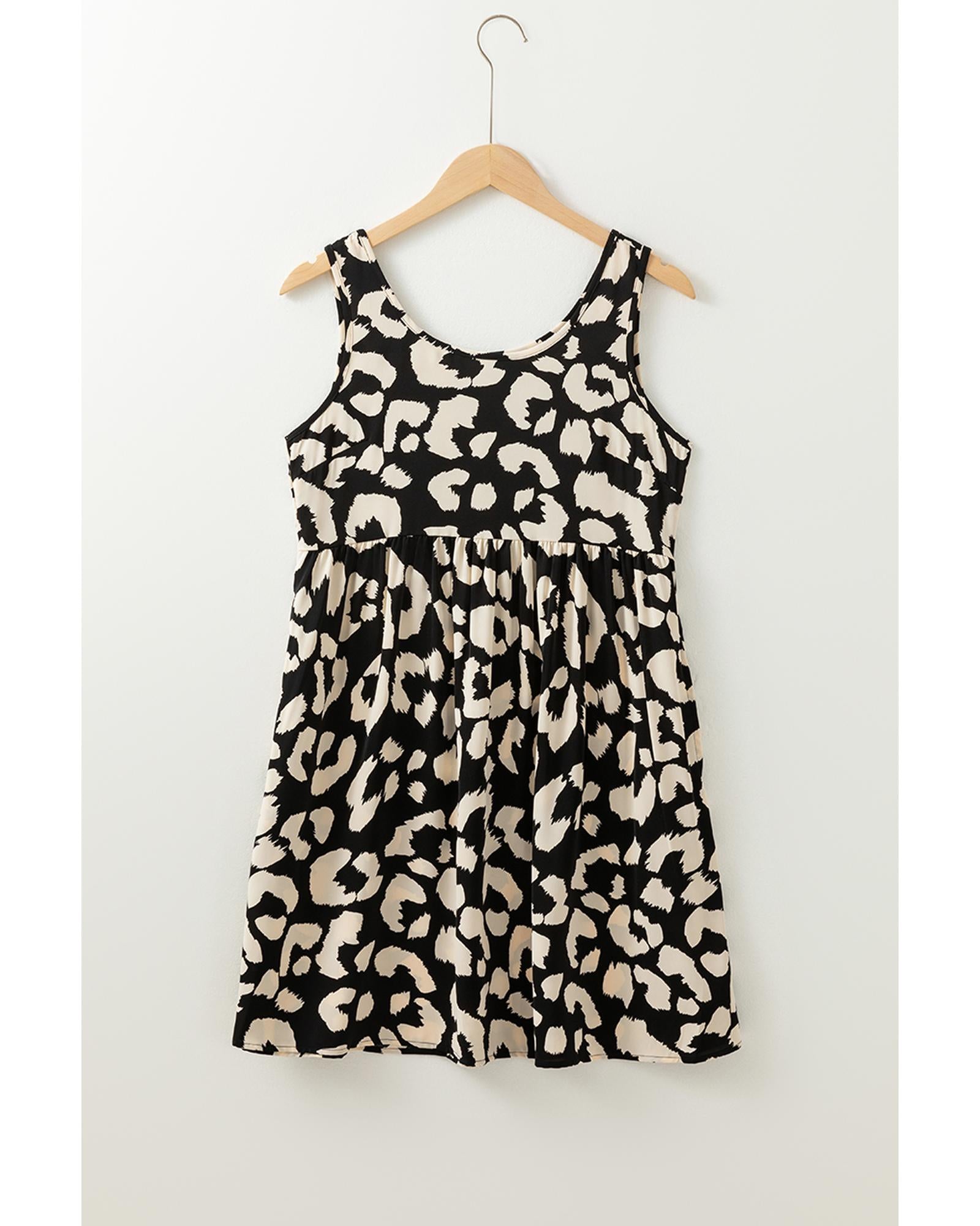 Black Leopard Print U Neck Sleeveless High Waist Dress - XL
