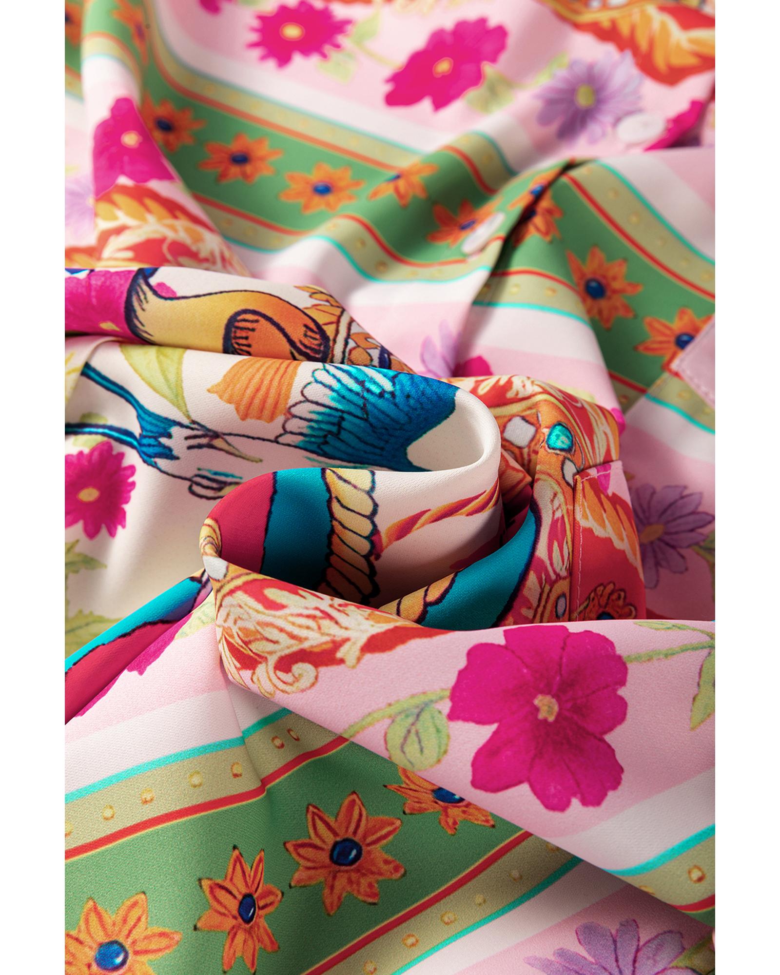 Multicolour Boho Floral Print Buttoned Long Sleeve Shirt Dress - L