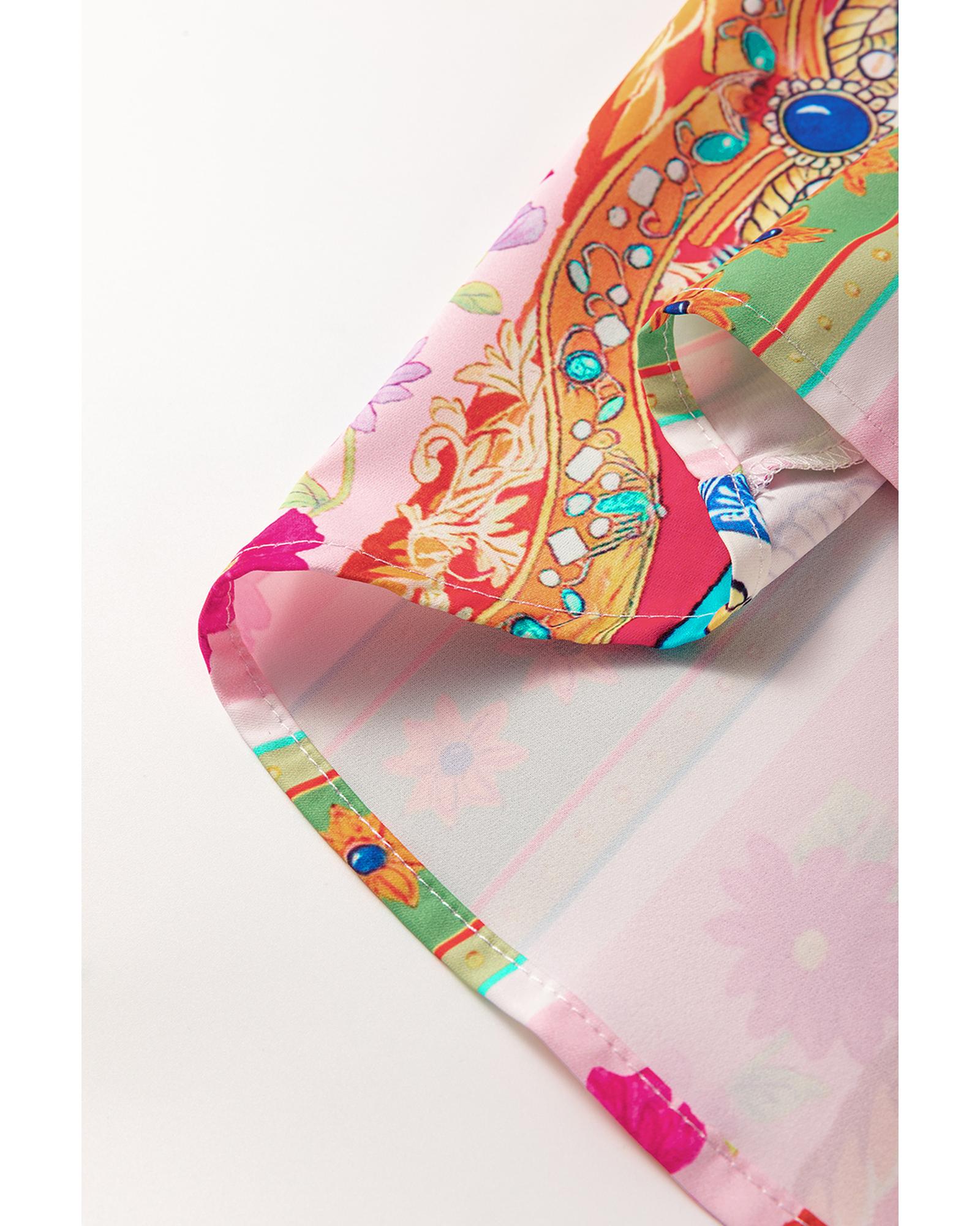 Multicolour Boho Floral Print Buttoned Long Sleeve Shirt Dress - L