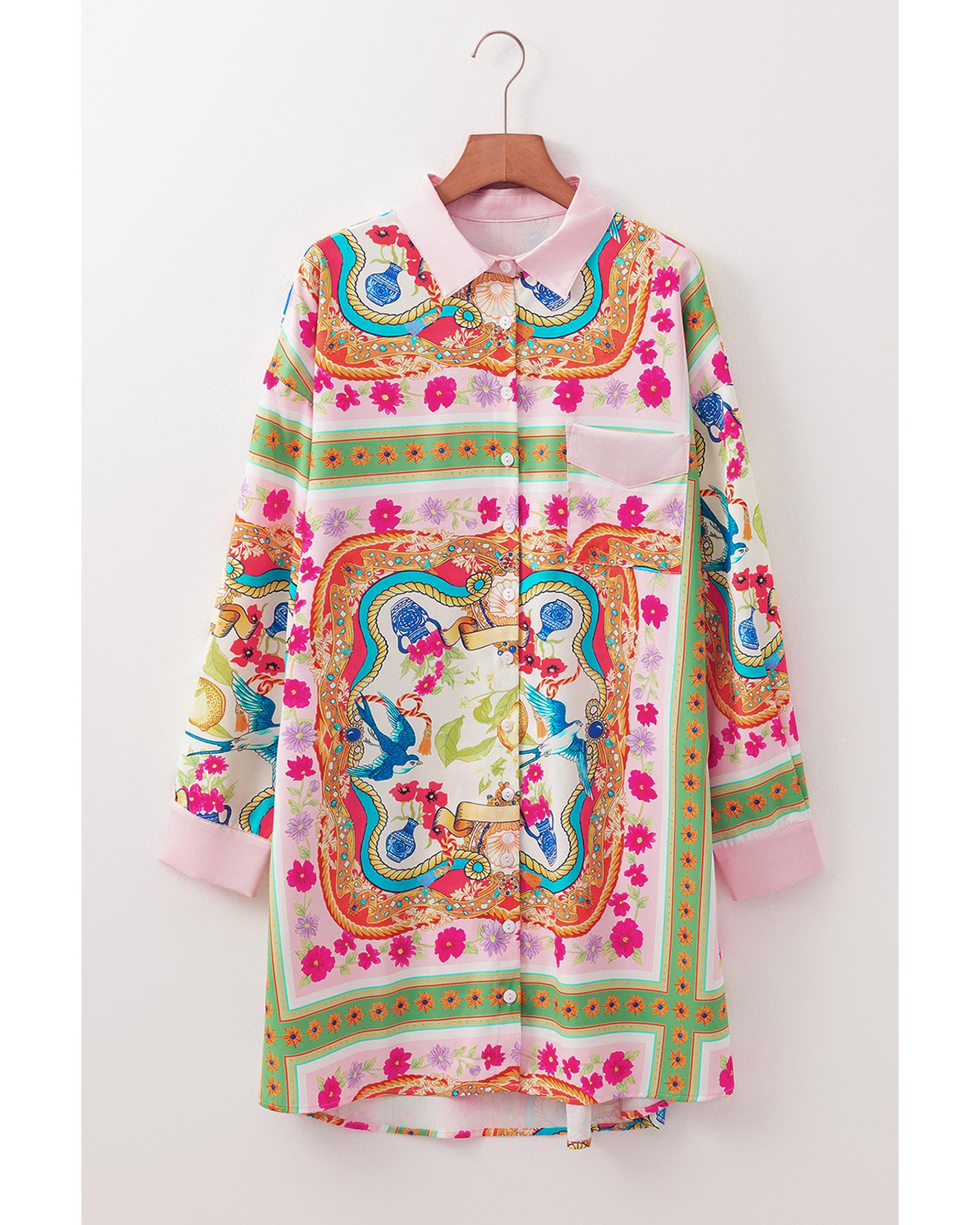 Multicolour Boho Floral Print Buttoned Long Sleeve Shirt Dress - L