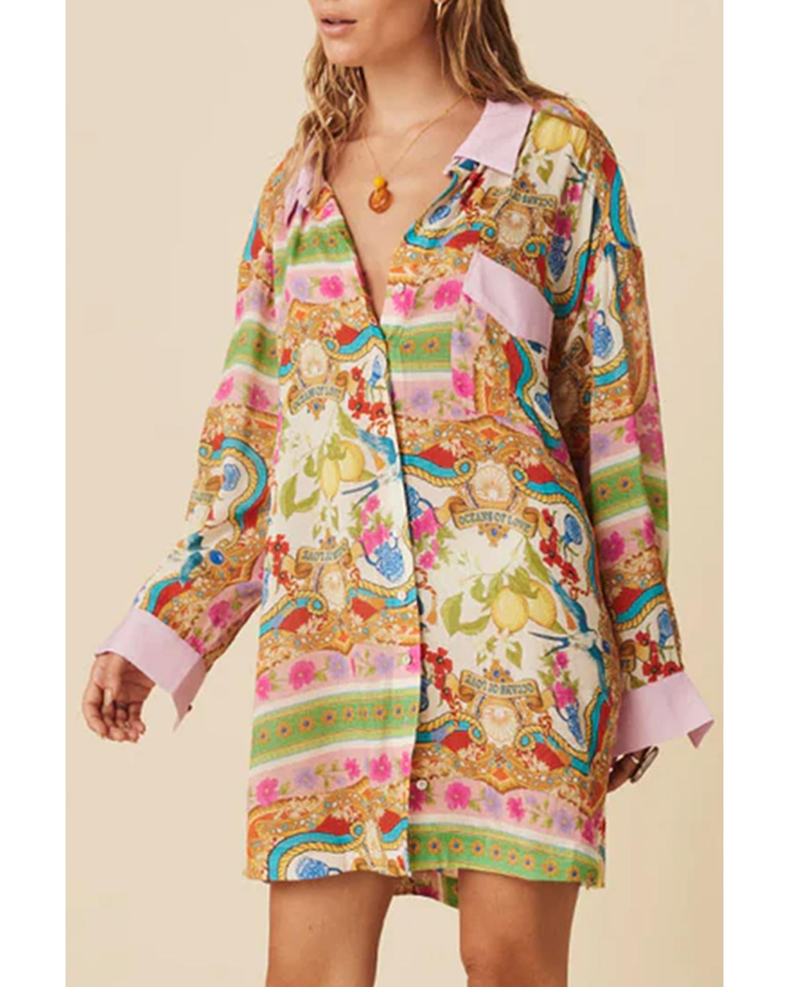Multicolour Boho Floral Print Buttoned Long Sleeve Shirt Dress - L