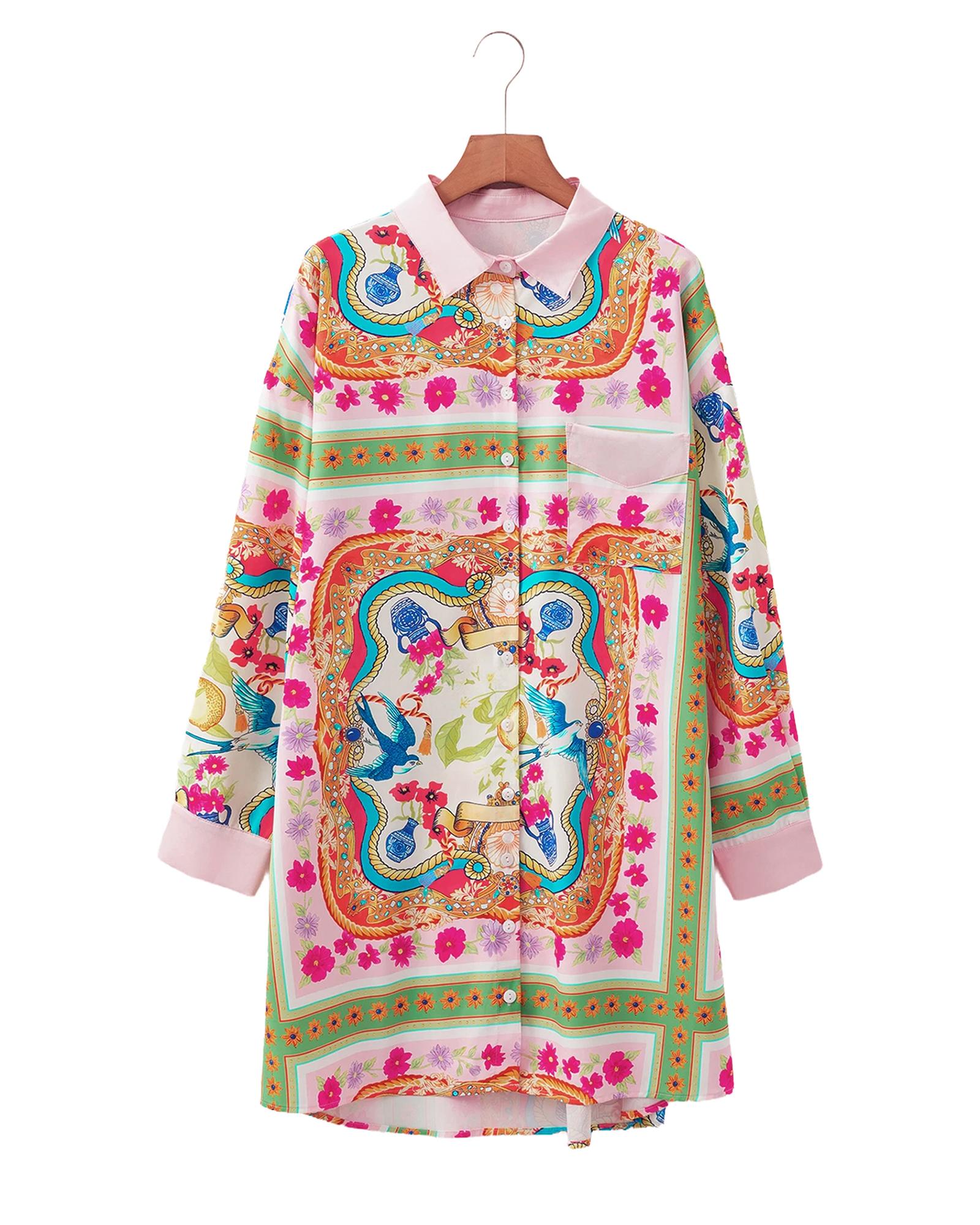 Multicolour Boho Floral Print Buttoned Long Sleeve Shirt Dress - L