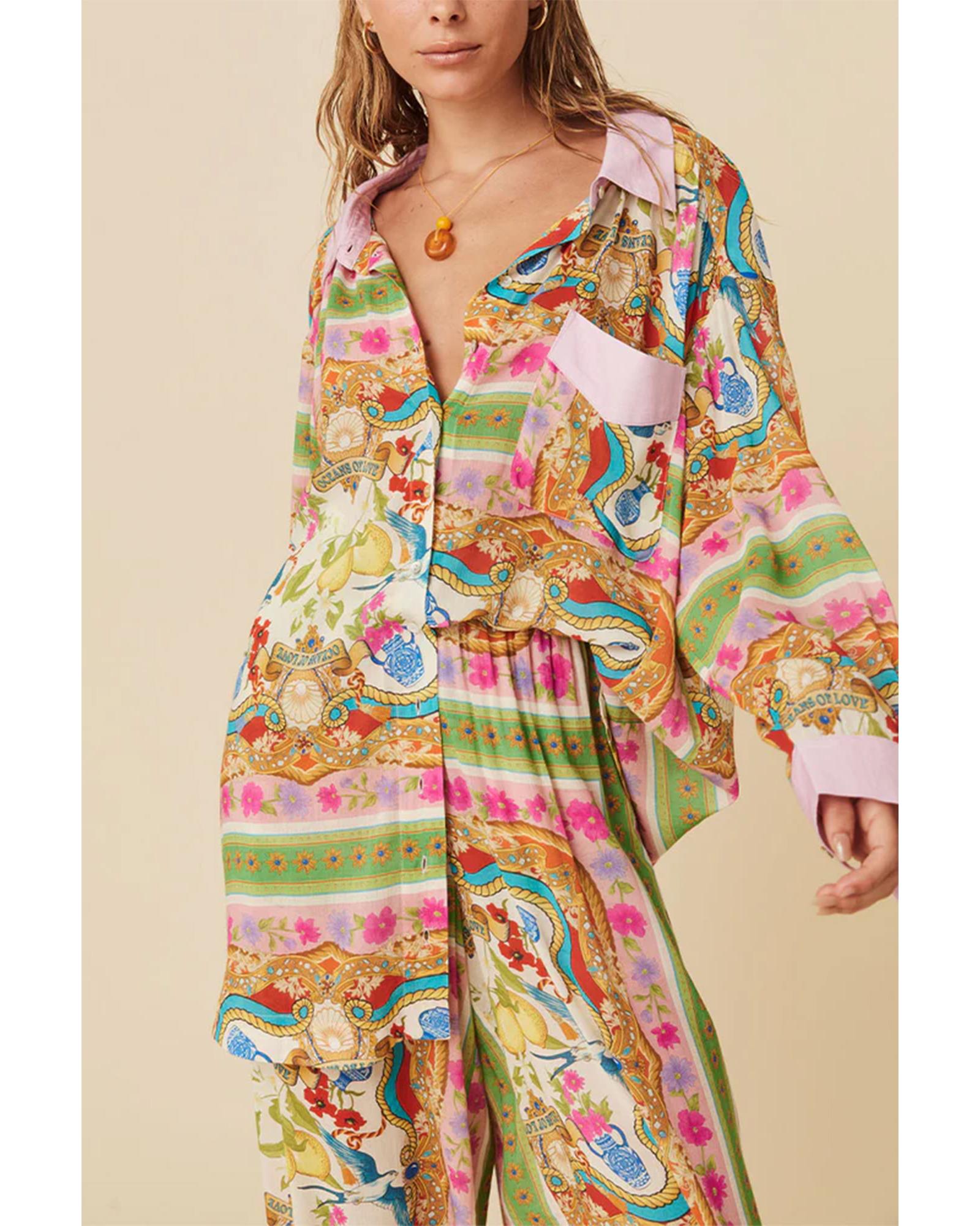 Multicolour Boho Floral Print Buttoned Long Sleeve Shirt Dress - M