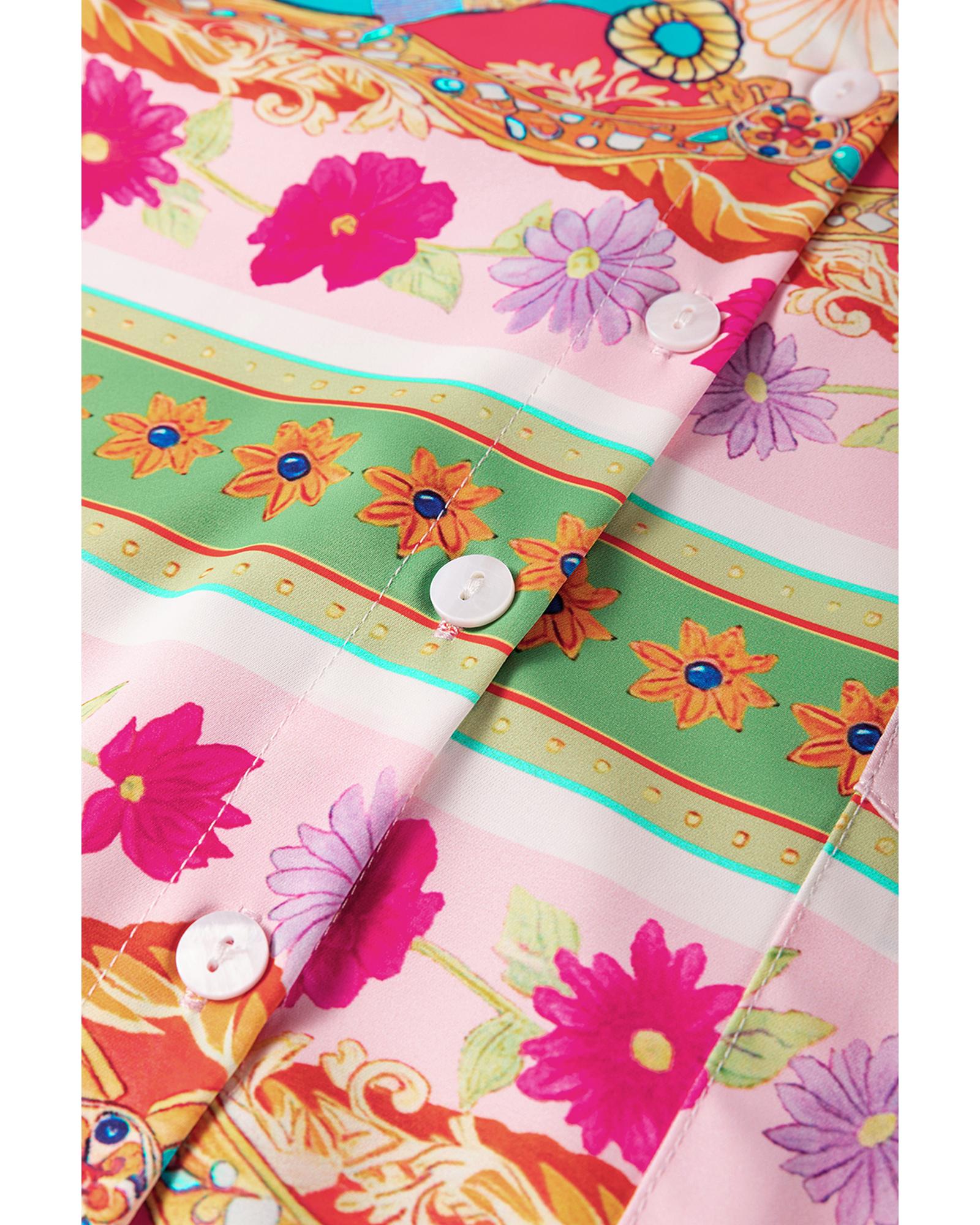 Multicolour Boho Floral Print Buttoned Long Sleeve Shirt Dress - M