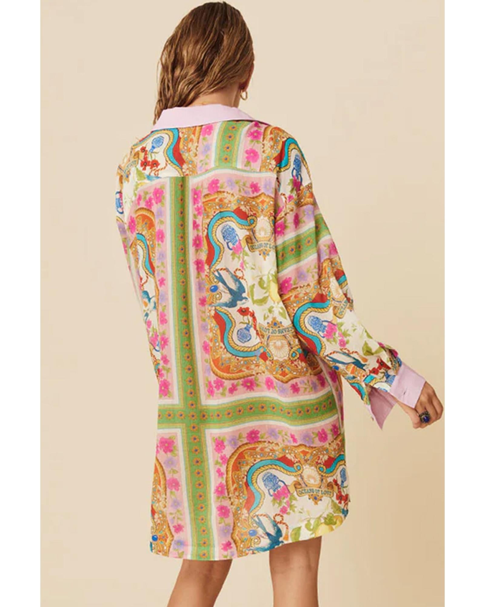 Multicolour Boho Floral Print Buttoned Long Sleeve Shirt Dress - M