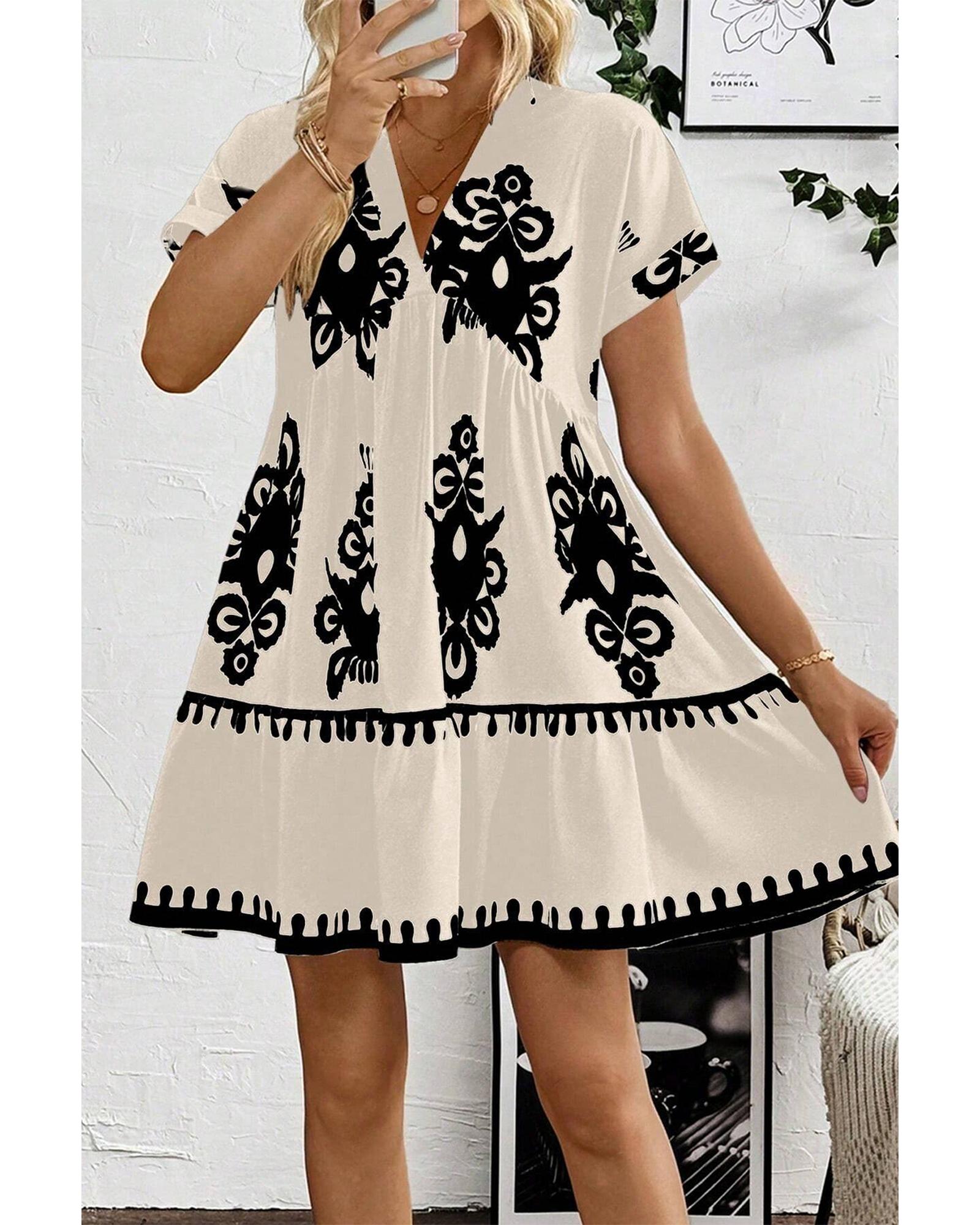 Black Vintage Print V Neck High Waist Short Sleeve Dress - XL