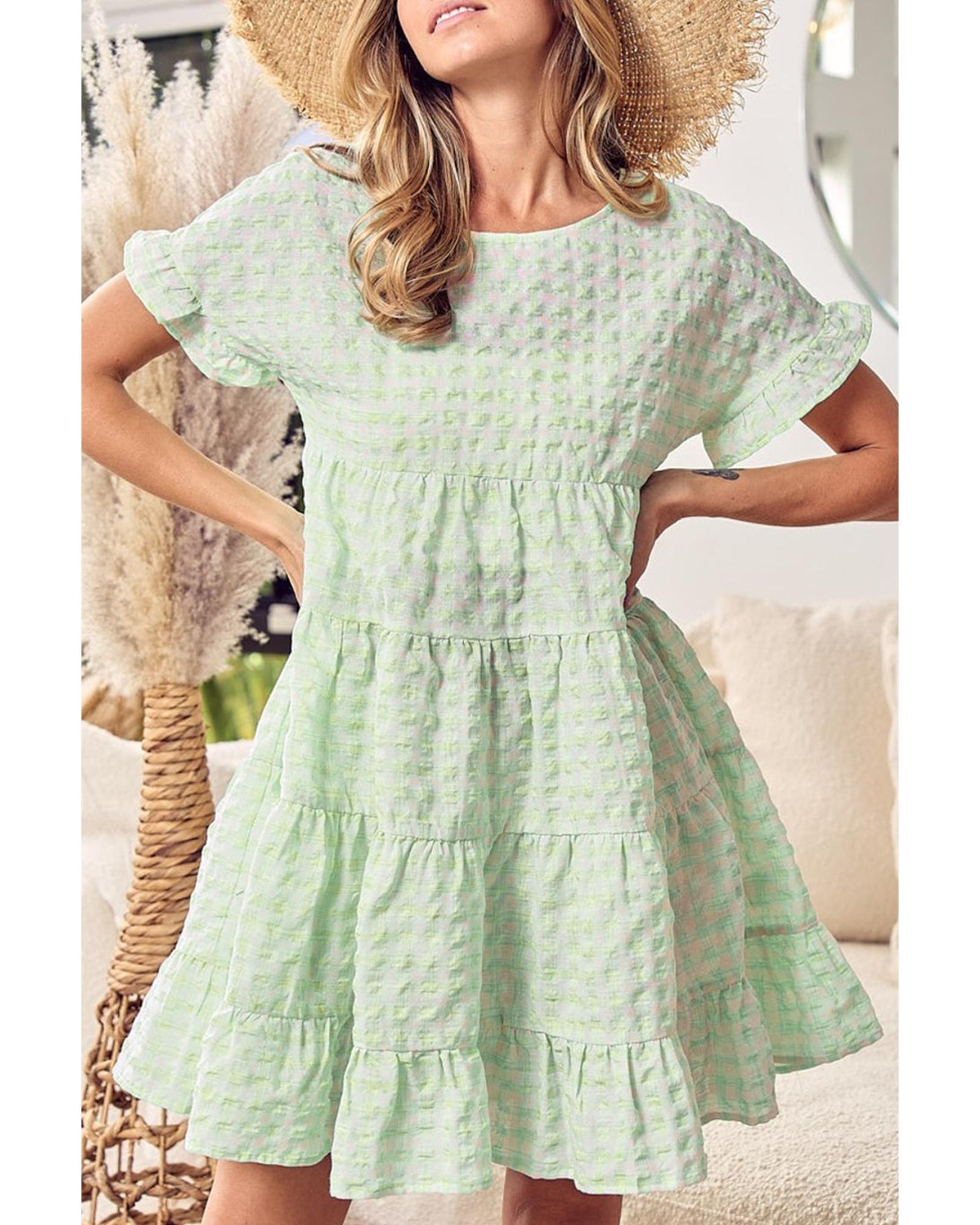 Green Stripe Textured Tiered Short Sleeve Loose Mini Dress - M