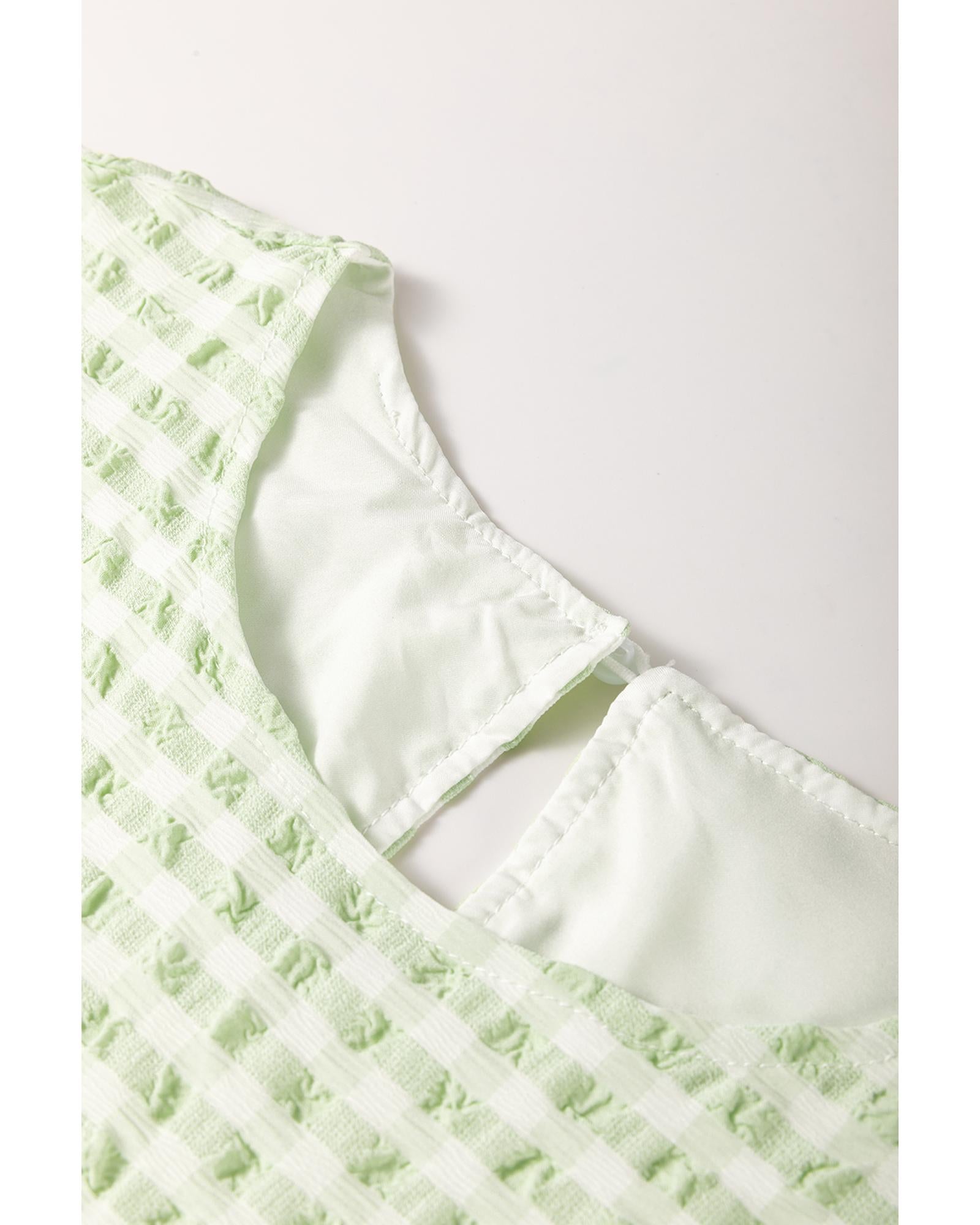 Green Stripe Textured Tiered Short Sleeve Loose Mini Dress - M