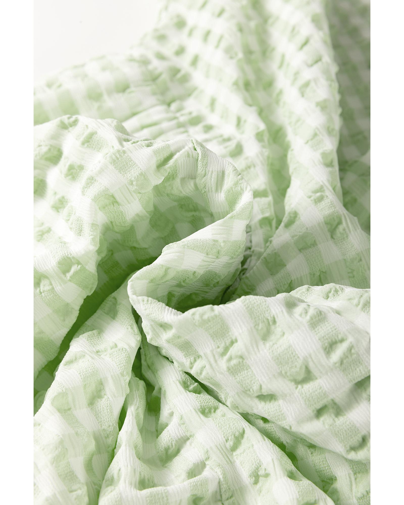 Green Stripe Textured Tiered Short Sleeve Loose Mini Dress - S
