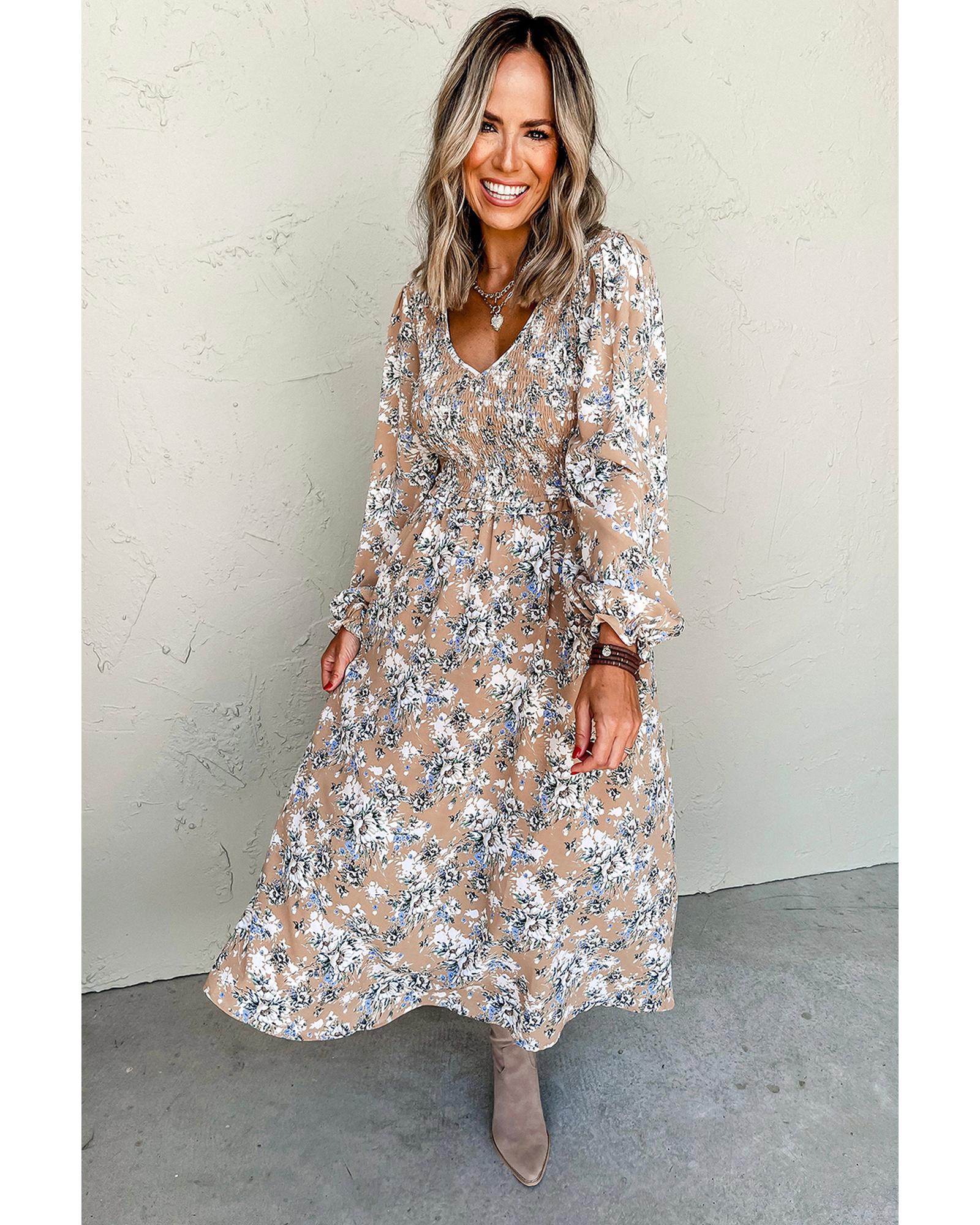 Khaki Maple Grove Floral Smocked Puff Sleeve Long Dress - S