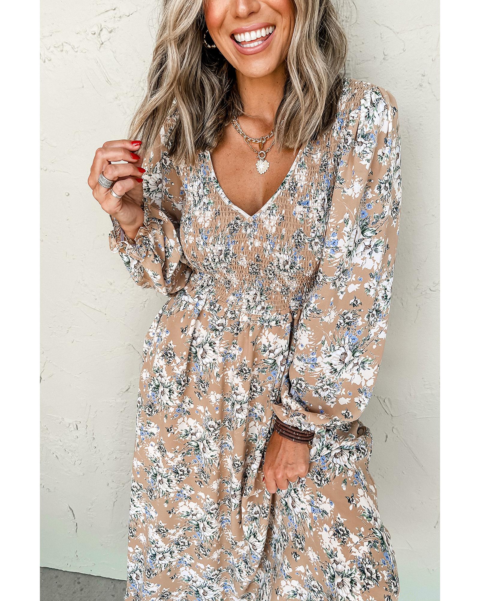 Khaki Maple Grove Floral Smocked Puff Sleeve Long Dress - XL
