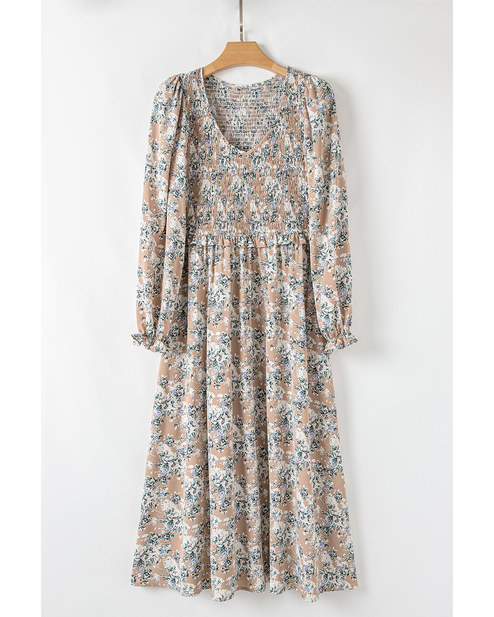 Khaki Maple Grove Floral Smocked Puff Sleeve Long Dress - XL