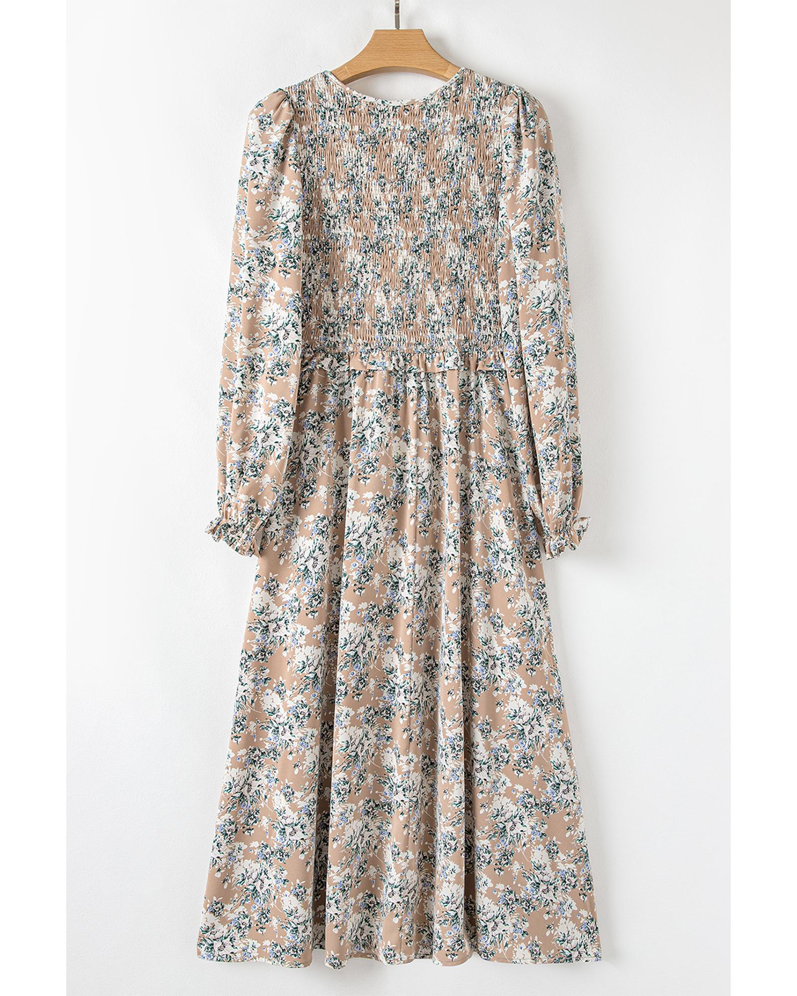 Khaki Maple Grove Floral Smocked Puff Sleeve Long Dress - XL