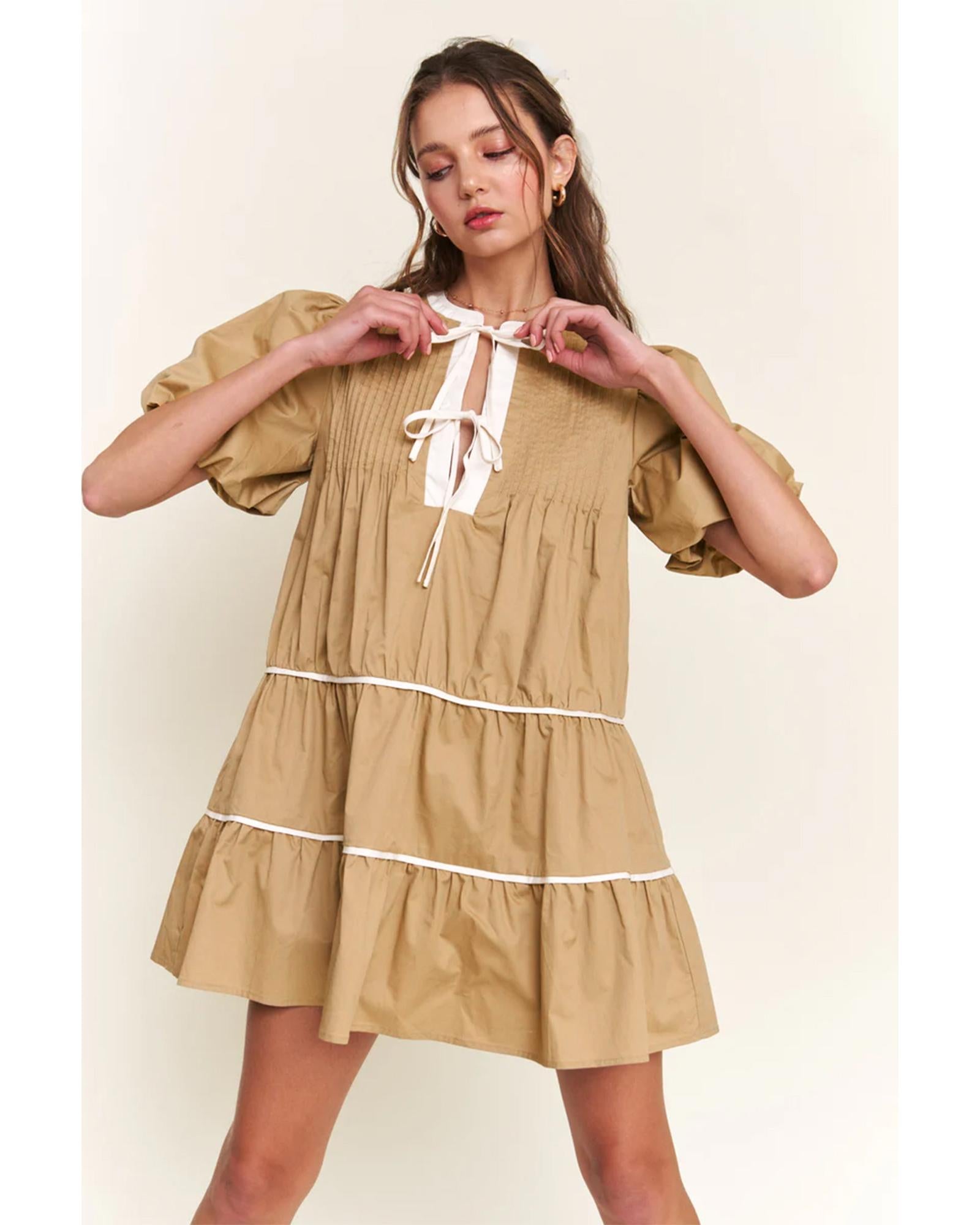 Pale Khaki Contrast Trim Pintuck Puff Sleeve Tied Neck Short Dress - L