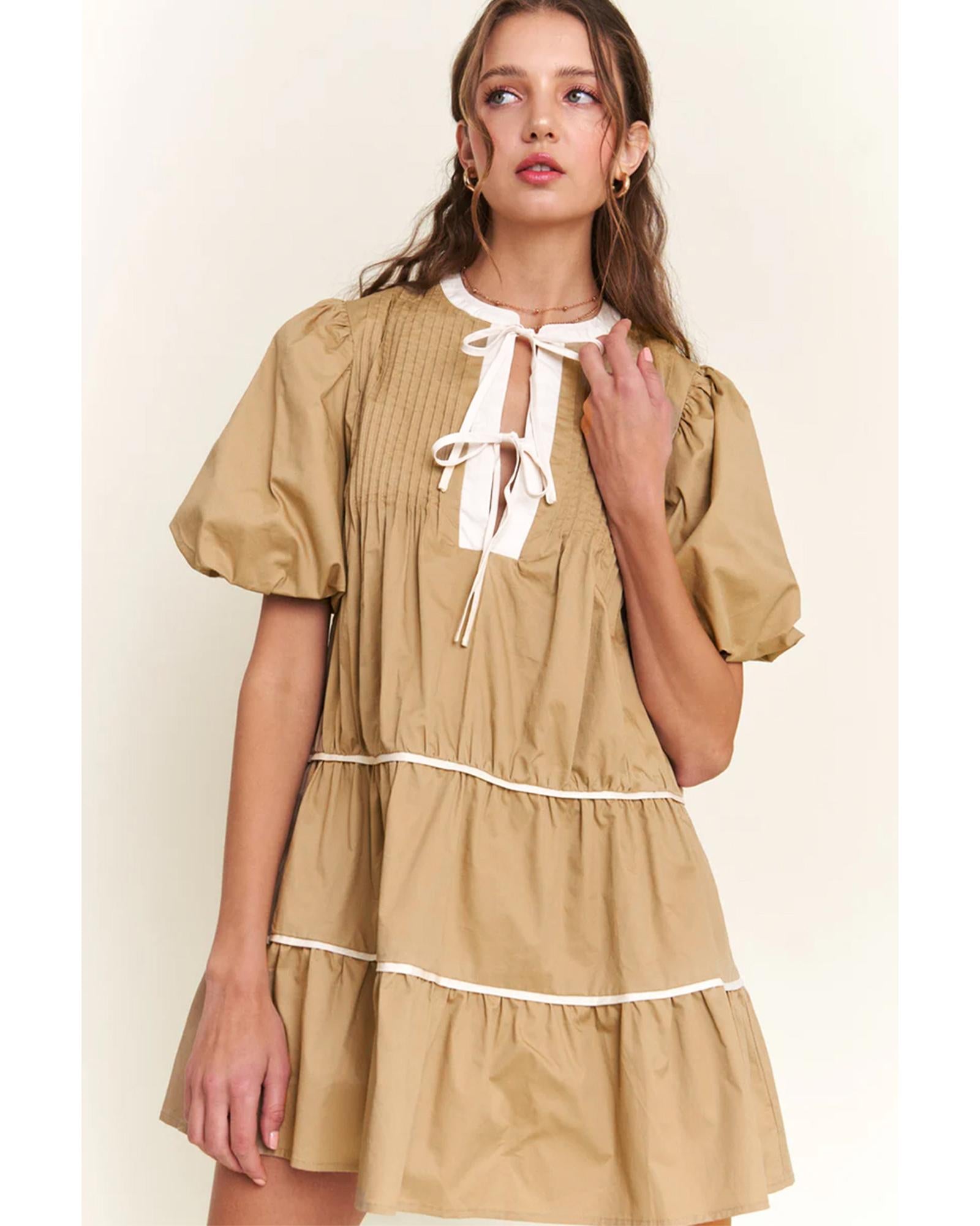 Pale Khaki Contrast Trim Pintuck Puff Sleeve Tied Neck Short Dress - L