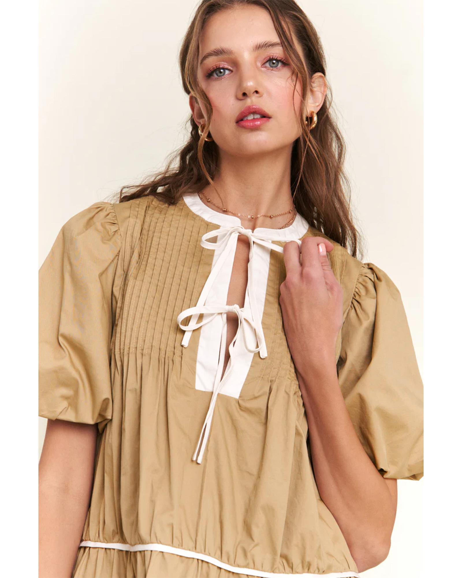 Pale Khaki Contrast Trim Pintuck Puff Sleeve Tied Neck Short Dress - L
