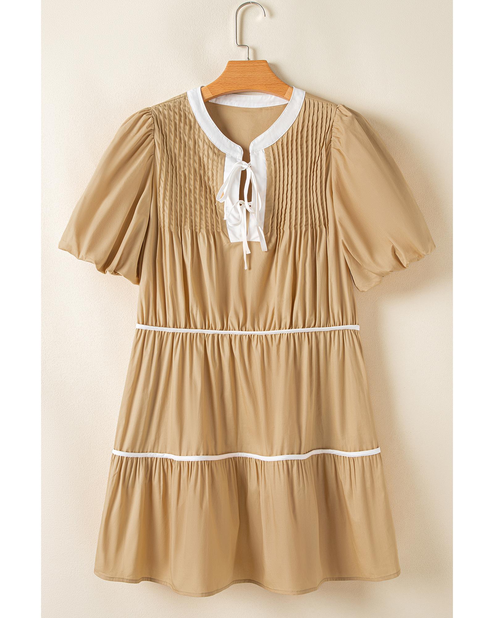 Pale Khaki Contrast Trim Pintuck Puff Sleeve Tied Neck Short Dress - L