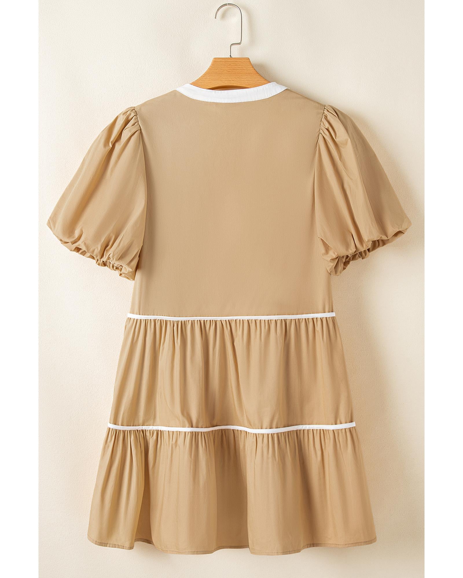 Pale Khaki Contrast Trim Pintuck Puff Sleeve Tied Neck Short Dress - S
