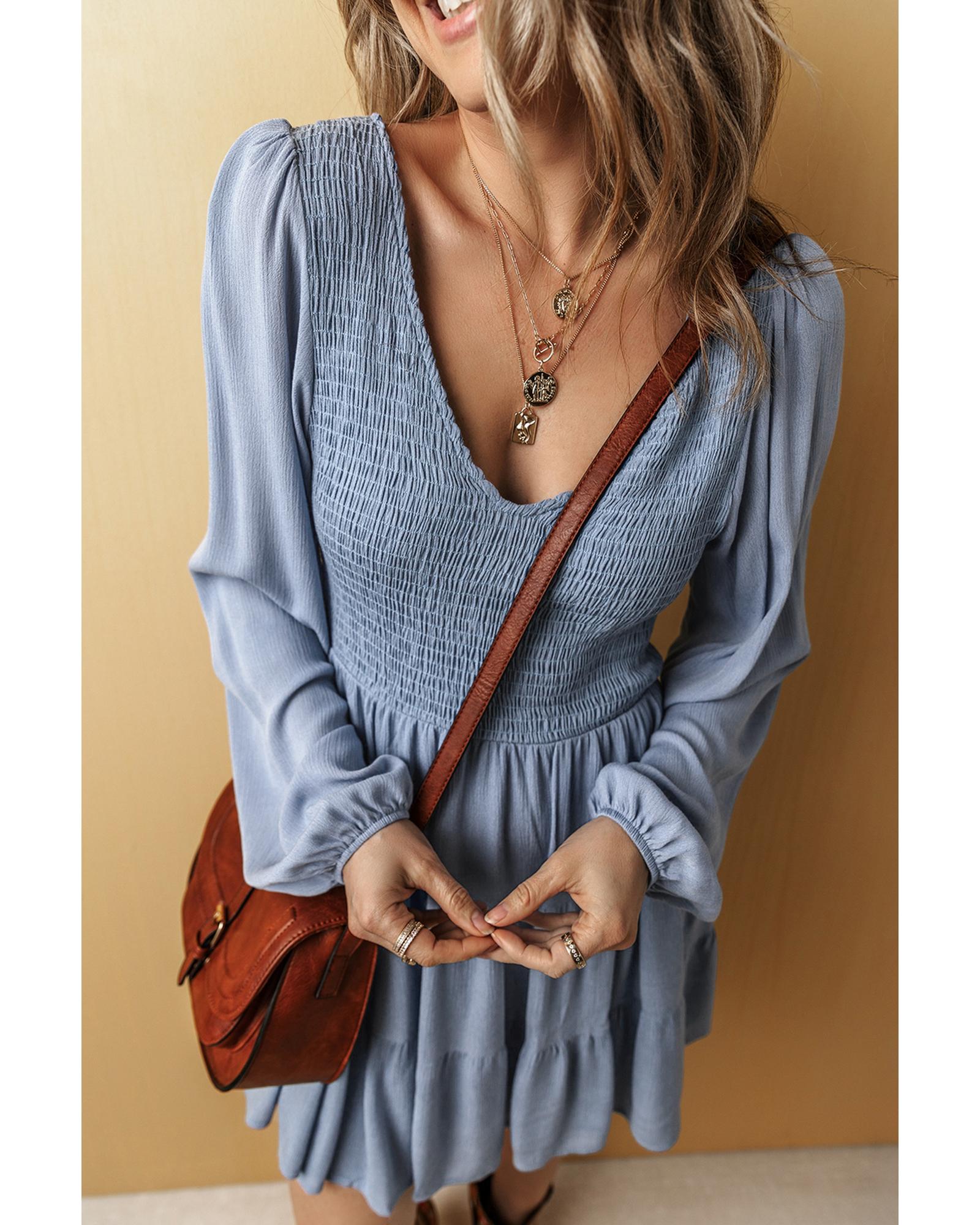 Ashleigh Blue Long Sleeve V Neck Smocked Tiered Mini Dress - M