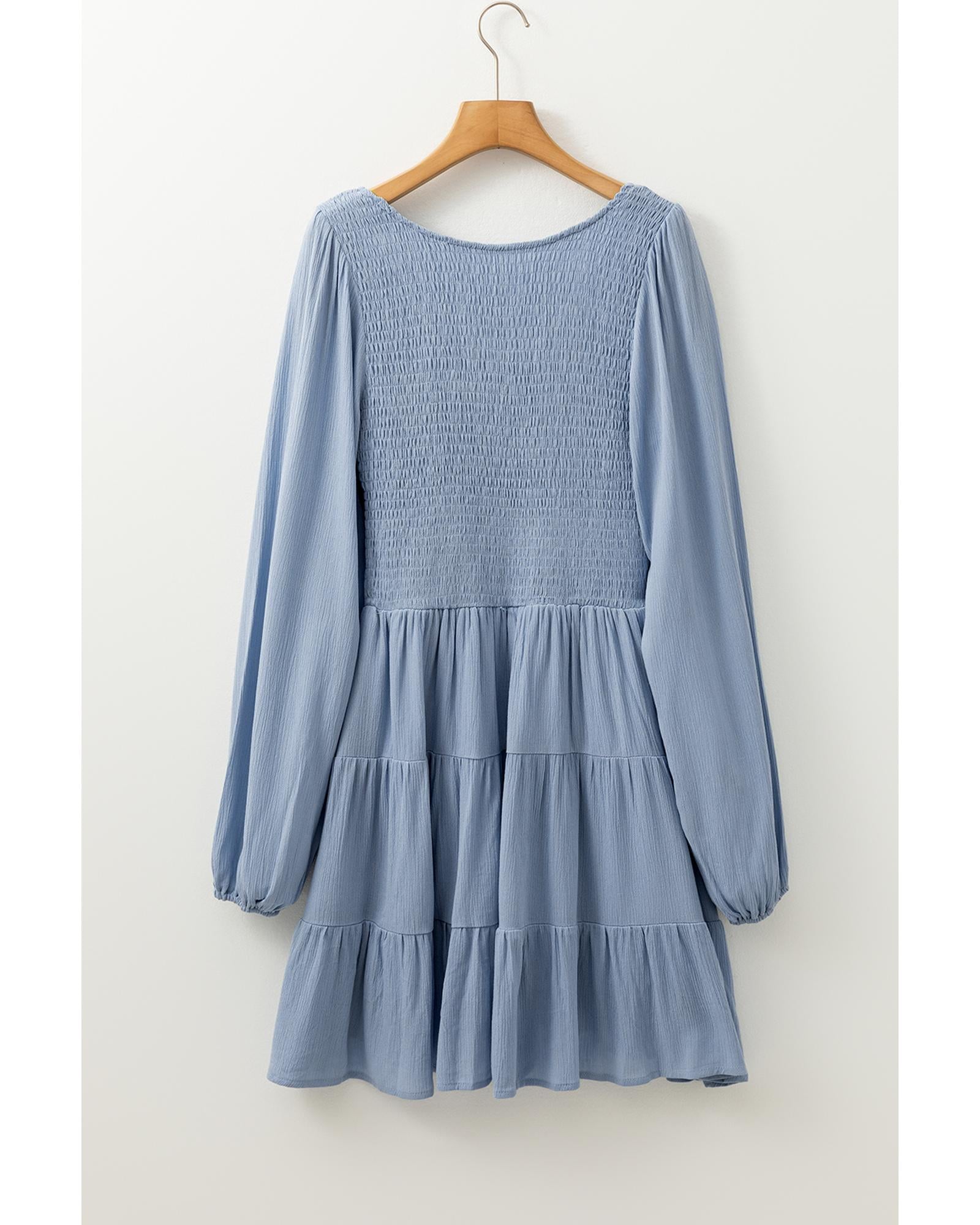 Ashleigh Blue Long Sleeve V Neck Smocked Tiered Mini Dress - M