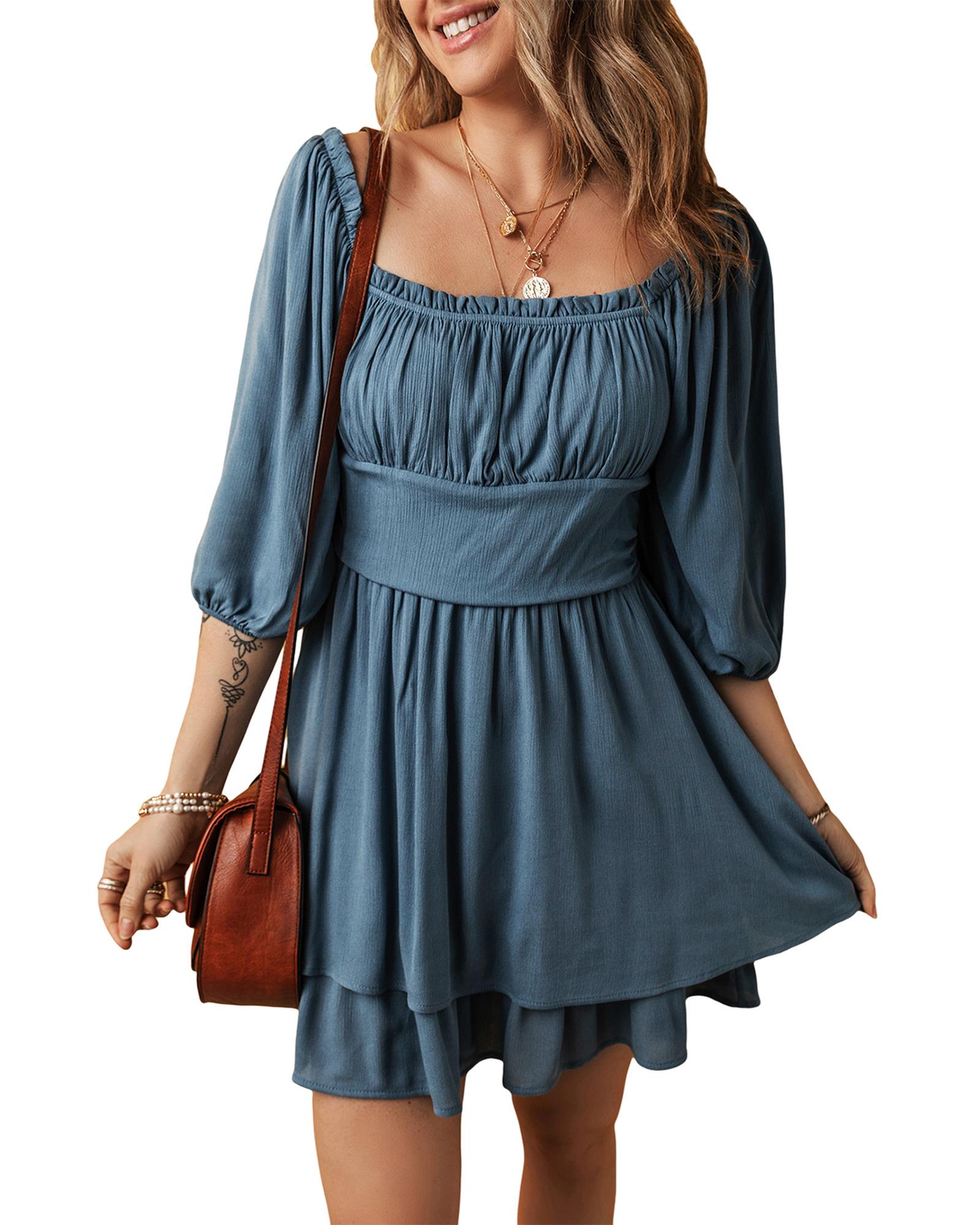 Real Teal Frilled Neckline 3/4 Sleeve Layered Ruched Mini Dress - M
