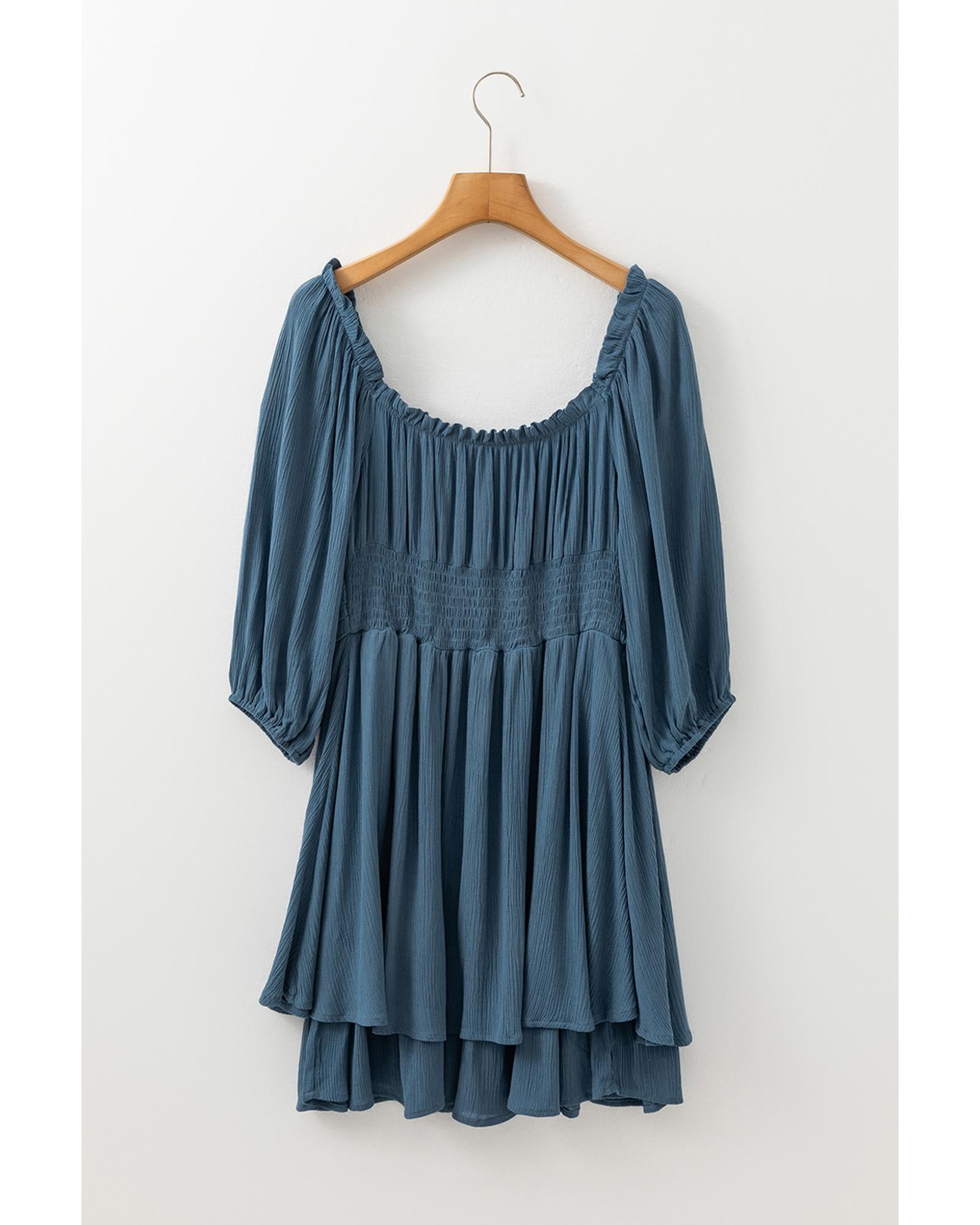 Real Teal Frilled Neckline 3/4 Sleeve Layered Ruched Mini Dress - M