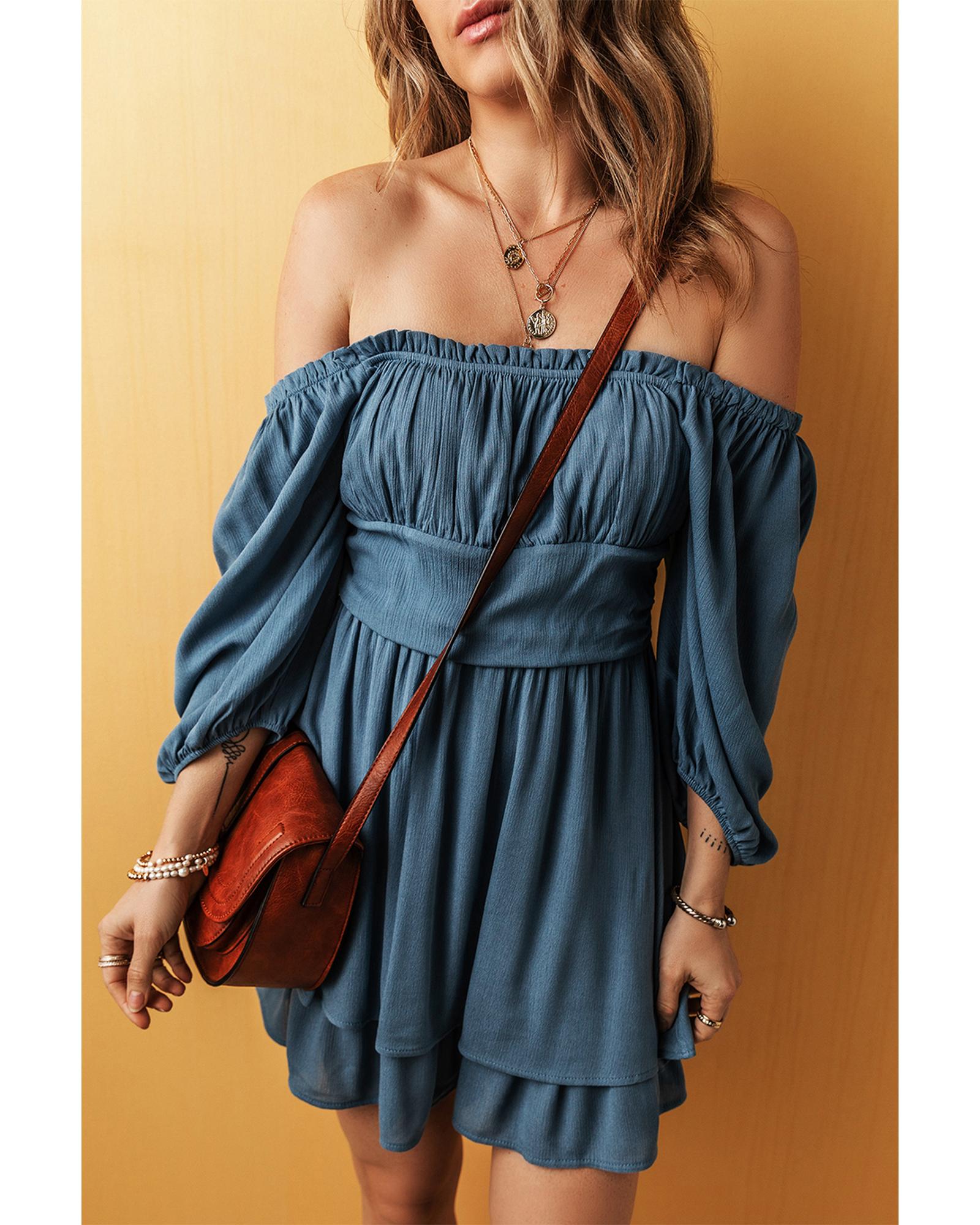 Real Teal Frilled Neckline 3/4 Sleeve Layered Ruched Mini Dress - M