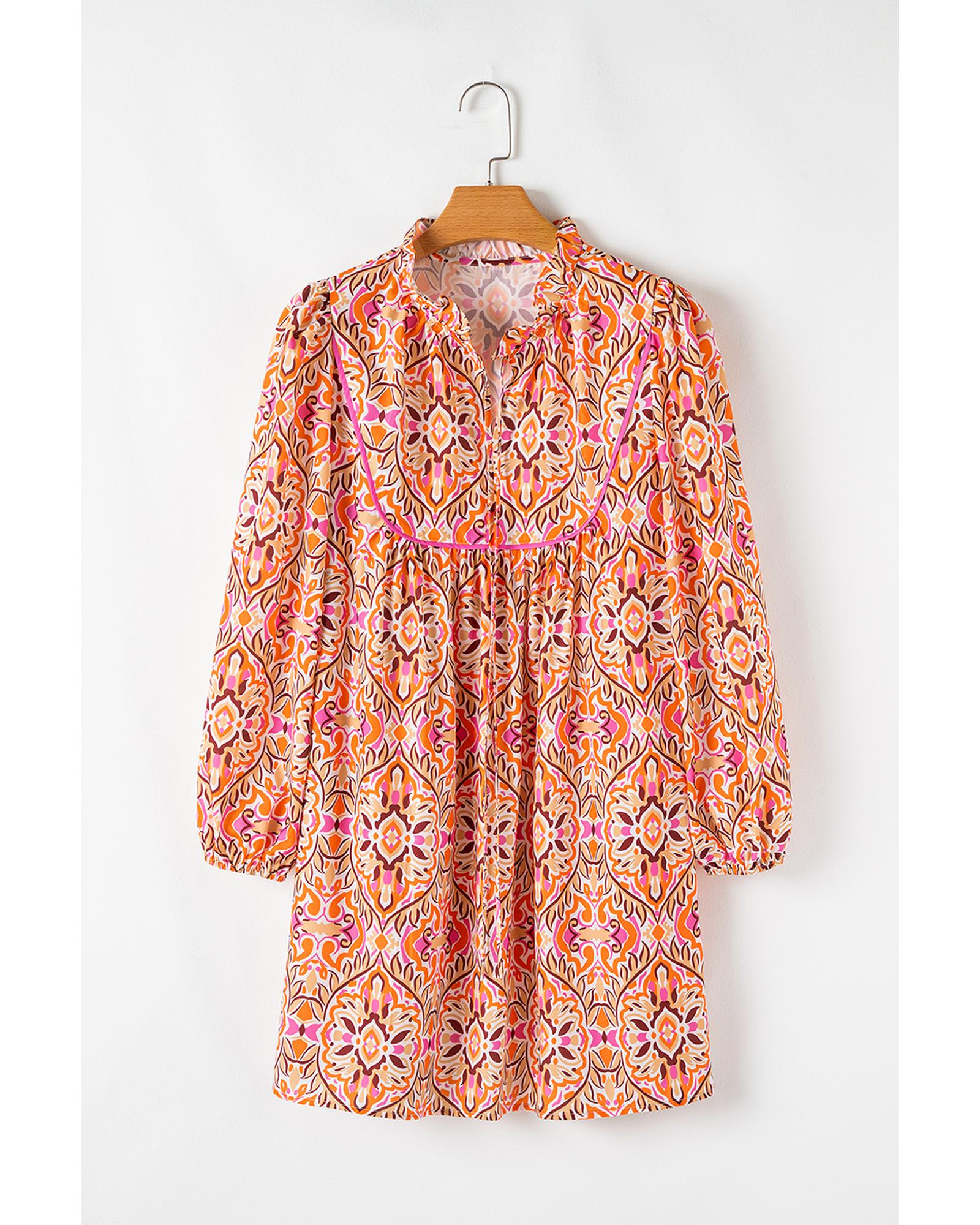 Khaki Abstract Printed Long Sleeve Tied Neckline Mini Dress - M