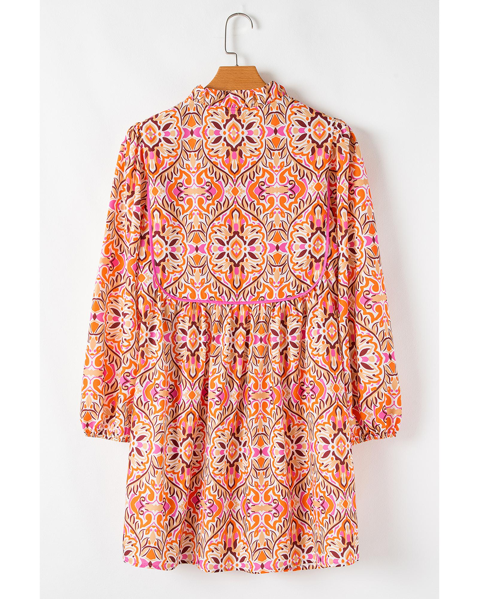 Khaki Abstract Printed Long Sleeve Tied Neckline Mini Dress - S