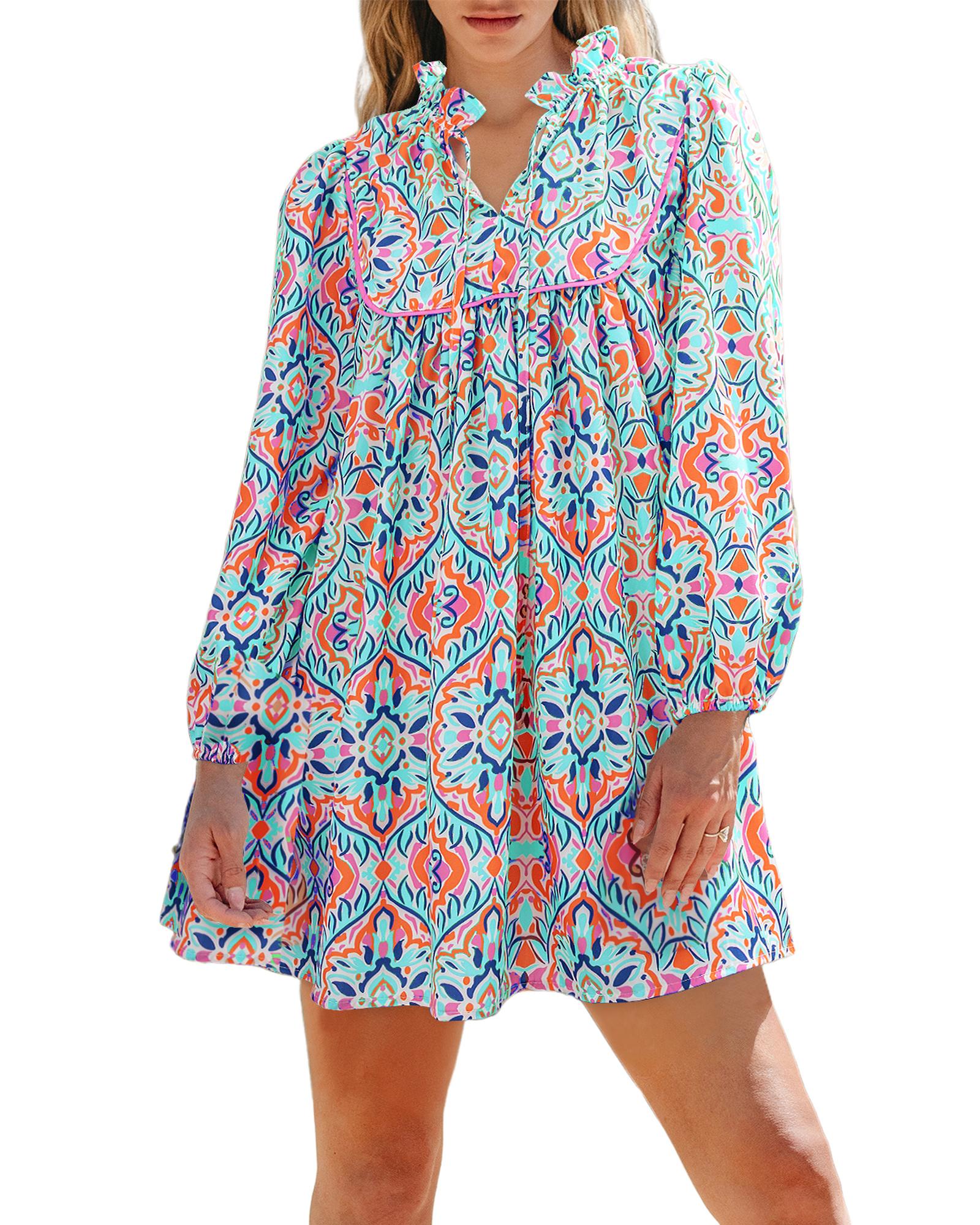 Sky Blue Abstract Printed Long Sleeve Tied Neckline Mini Dress - L