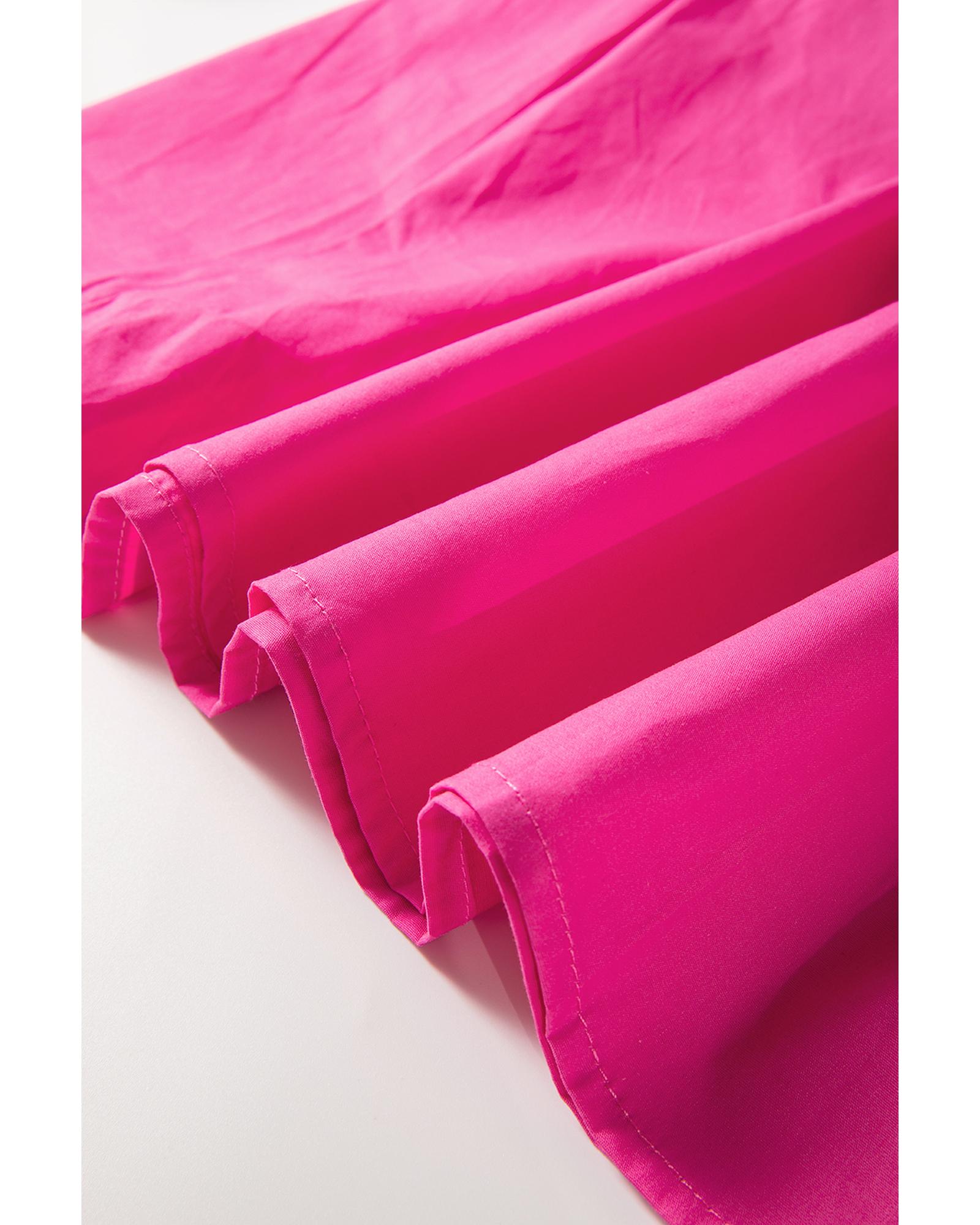 Bright Pink Solid Color Puff Sleeve Tie Front High Waist Mini Dress - L