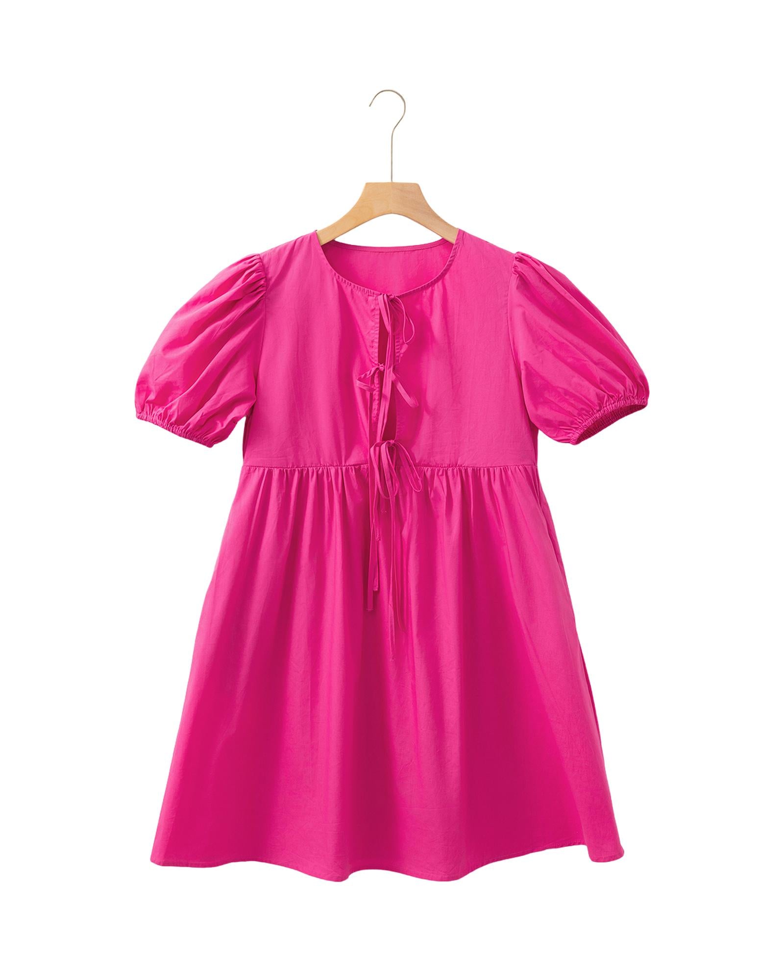 Bright Pink Solid Color Puff Sleeve Tie Front High Waist Mini Dress - L