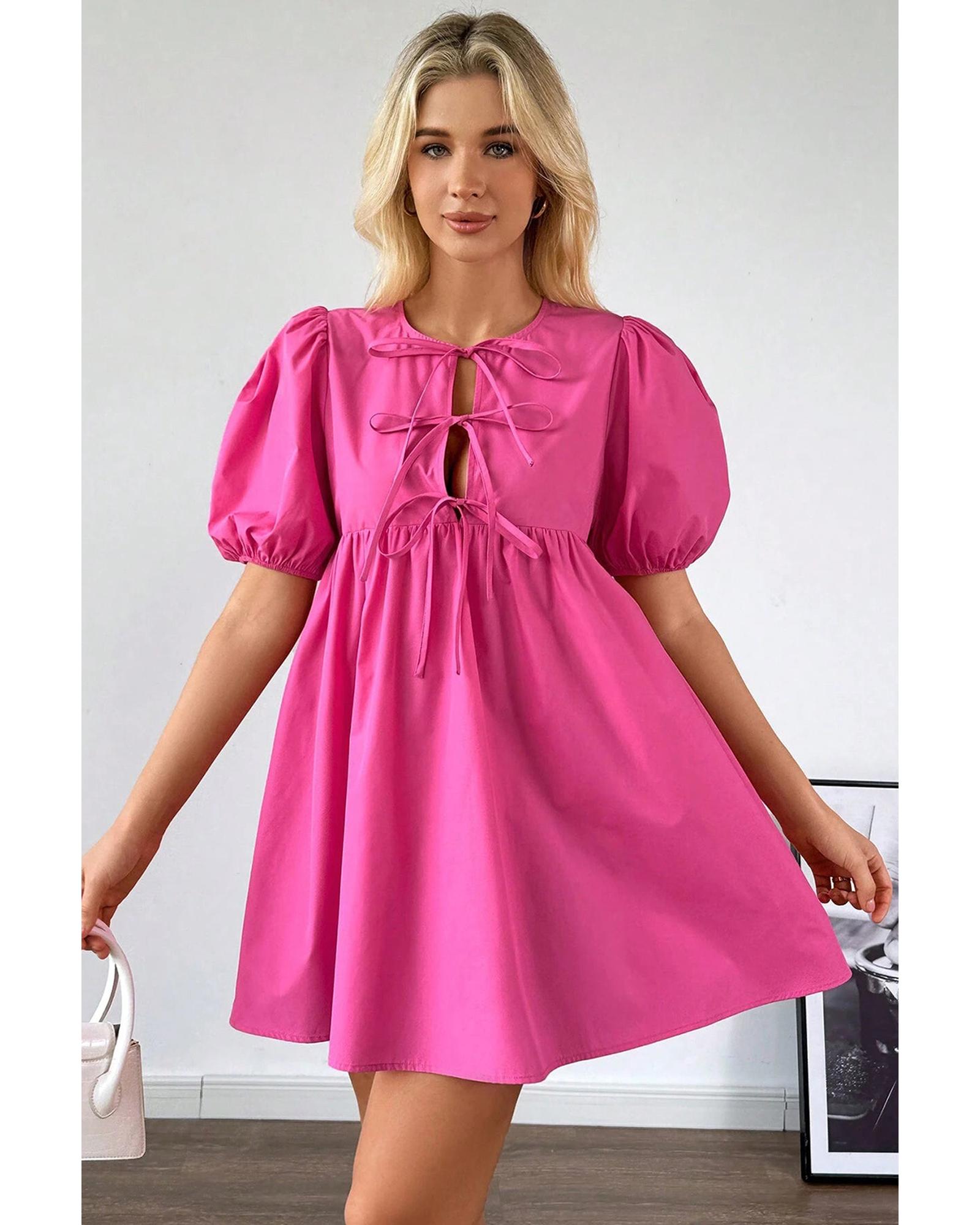 Bright Pink Solid Color Puff Sleeve Tie Front High Waist Mini Dress - L